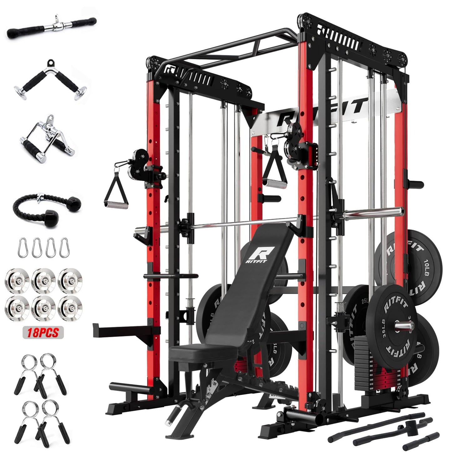 RitFit M1 Pro Smith Machine Package, All-in-One Power Cage with Weight Stack Set, Includes LAT Pulldown & Cable Crossover System for Home Gym