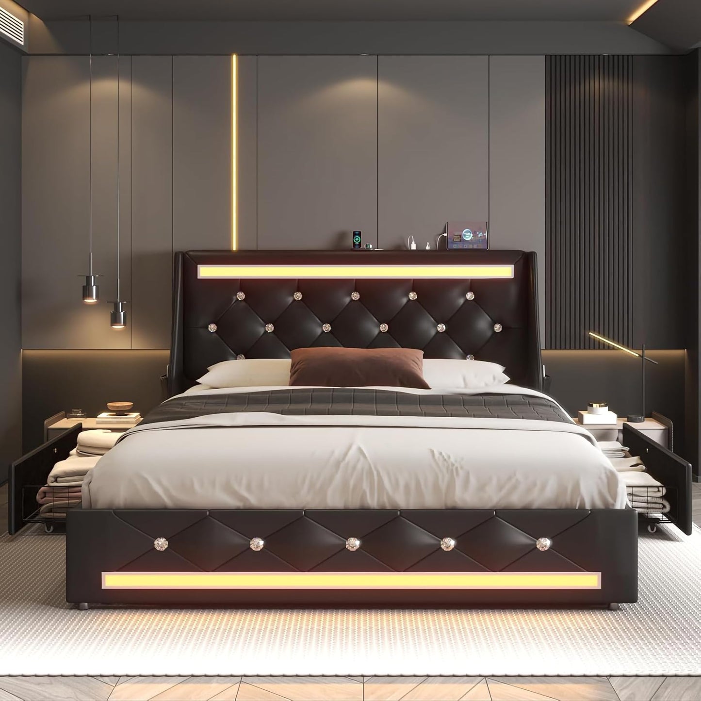 GDFStudio Queen Bed Frame with 2 Storage Drawers & Charging Station, Faux Leather Upholstered Platform Bed Frame with LED Wingback Diamond Headboard, Metal Slats Support, No Box Spring Needed, Black