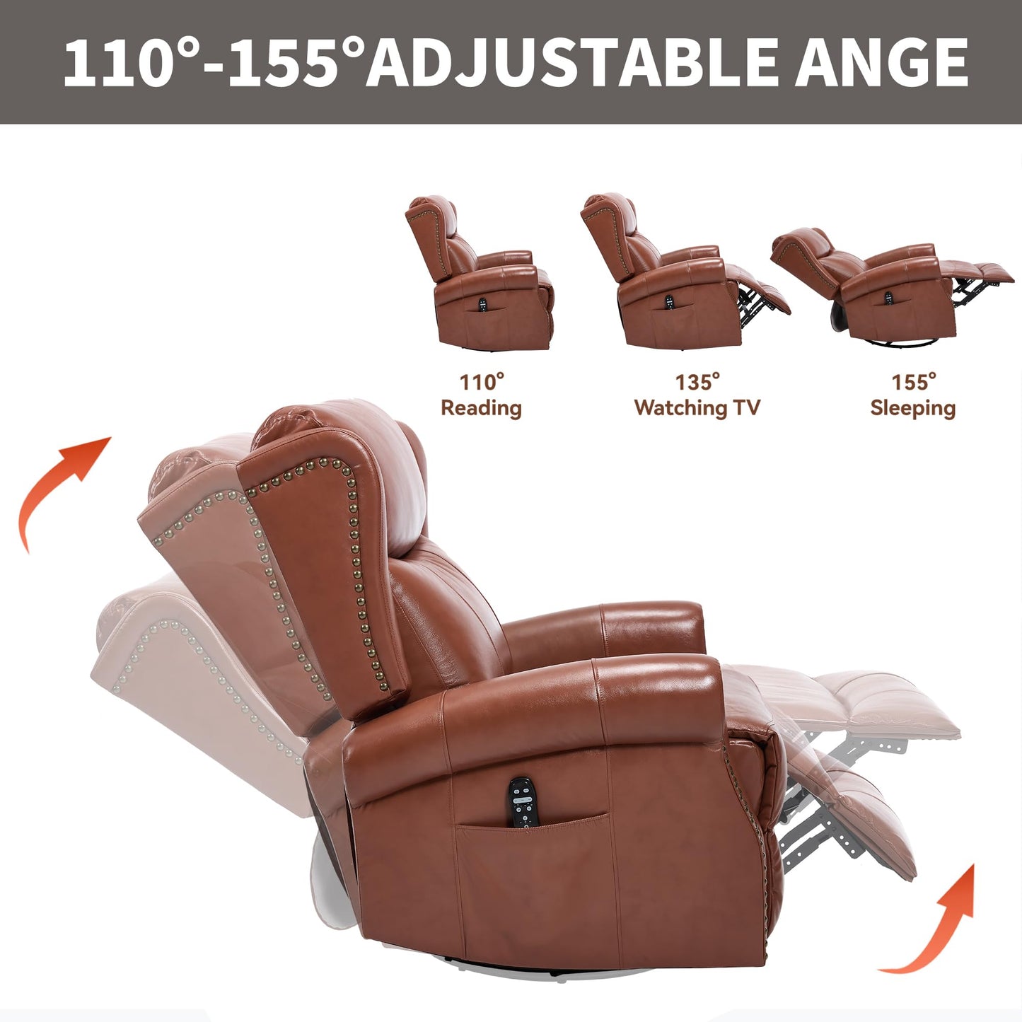 KEIKI Heat Massage Recliner Chair with Rocker & 360° Swivel, Manual Handle Reclining Lounge Chair with Lumbar Heat, Vibration Massage & Cushion Back for Living Room, Red