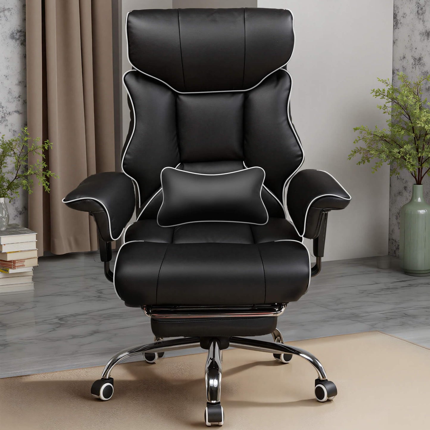 COMHOMA Big and Tall Office Chair 400lbs High Back Gaming Chair with Ergonomic Lumbar Support & Pocket Spring Cushion for Lower Back Pain Relief, Leather Executive Chair with Foot Rest, Iron Black