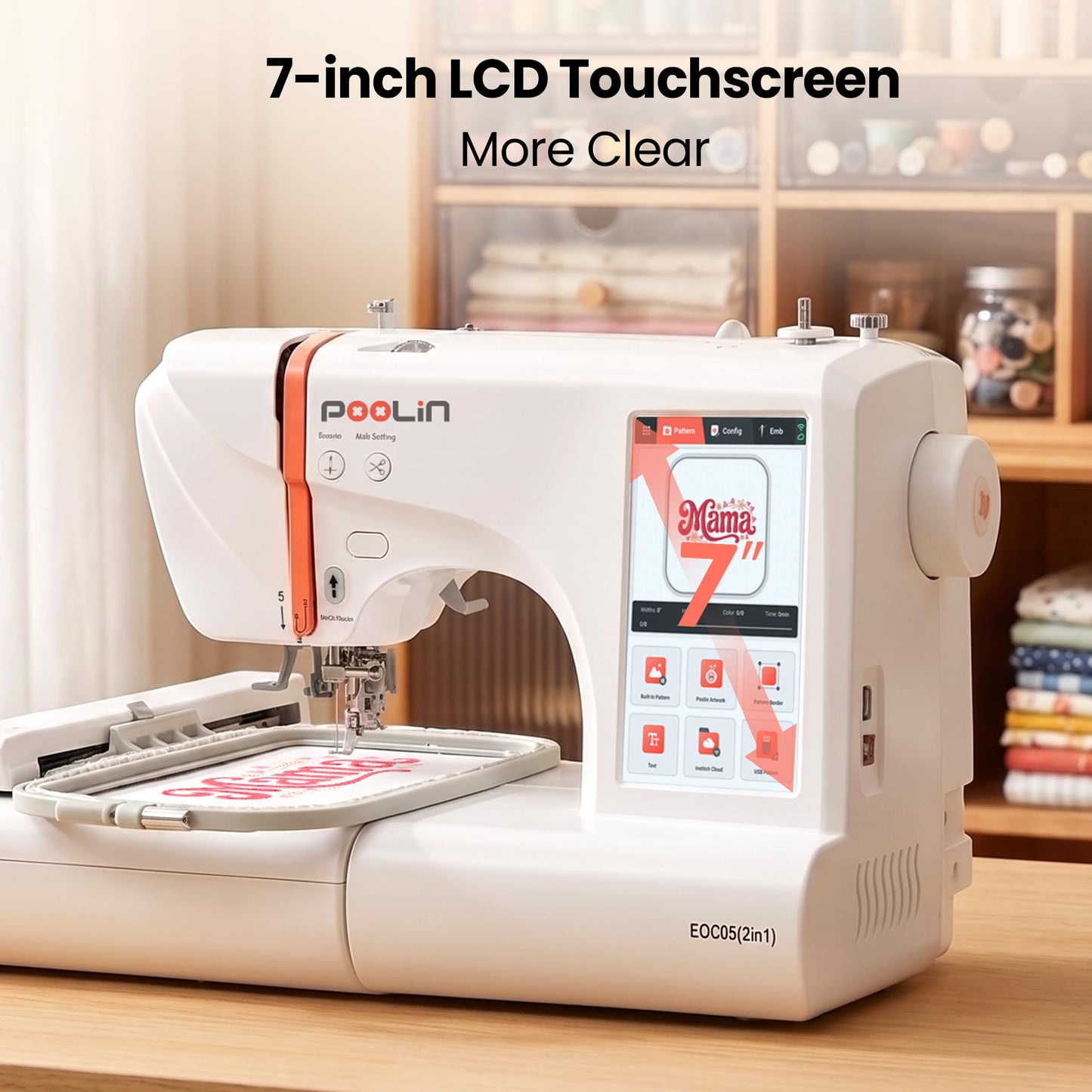 PooLin EOC05(2in1) Sewing and Embroidery Machine 4"x4" & 4"x9.25" Embroidery Size, 130 Built-in Designs 207 Sewing Stitches, 7" Touch Screen with WiFi Transfer, Includes Full Kits & 1-on-1 Training