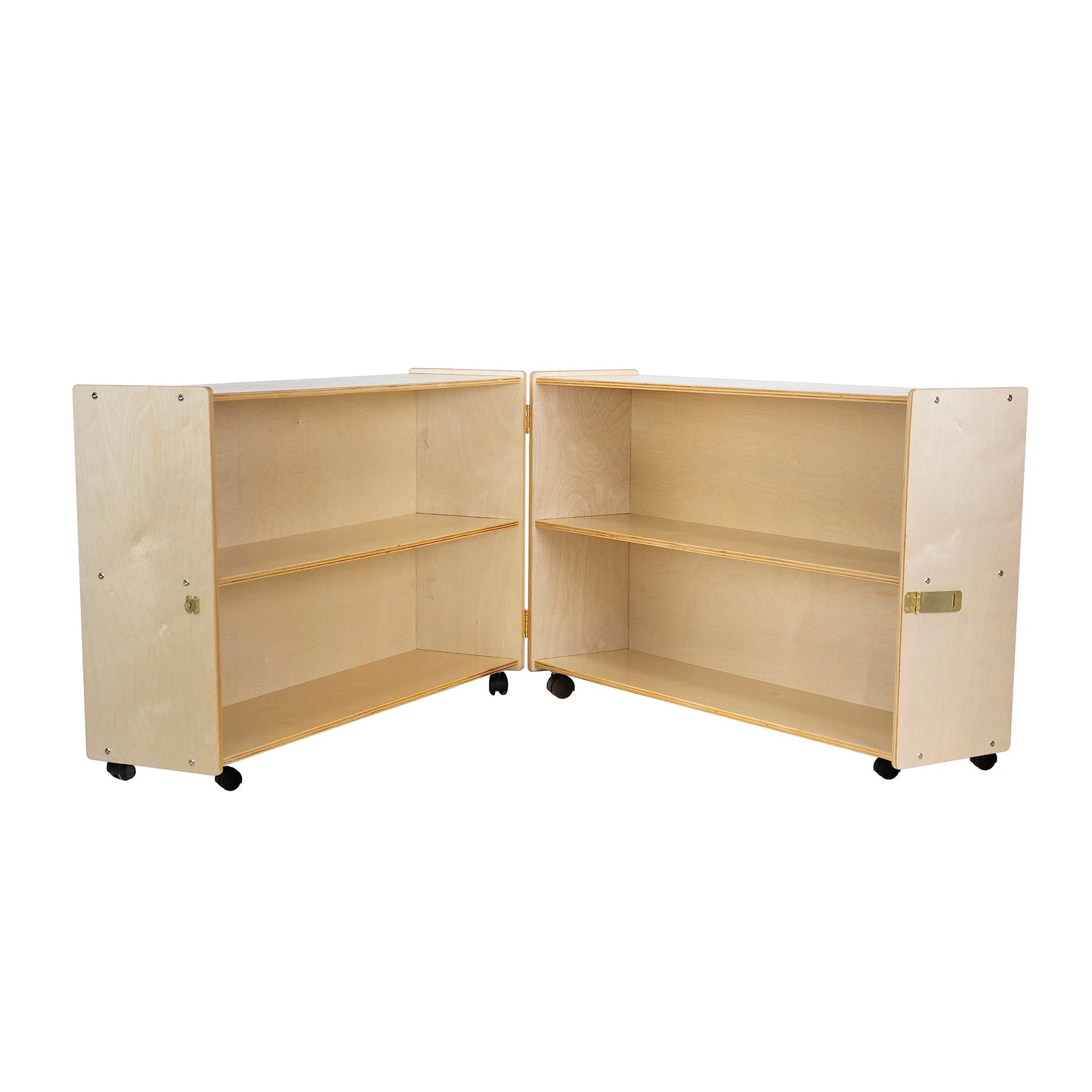RRI Goods Folding Hinge Bookcase with Casters, 47-Inch Length Closed, 94-Inch Length Open, 2-Shelf Rolling Birch Plywood Storage Unit for Montessori, Daycare, Preschool, Home