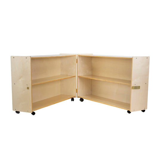 RRI Goods Folding Hinge Bookcase with Casters, 47-Inch Length Closed, 94-Inch Length Open, 2-Shelf Rolling Birch Plywood Storage Unit for Montessori, Daycare, Preschool, Home