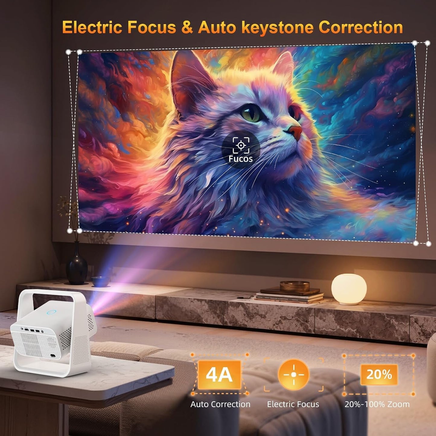 Smart Projector with WiFi6 and Bluetooth5.2, Built-in Apps, 4K Support, Native 1080P Outdoor Movie Projector, Auto Keystone & 360°Stand, 2026 Upgraded Portable Proyector for Home Theater, White