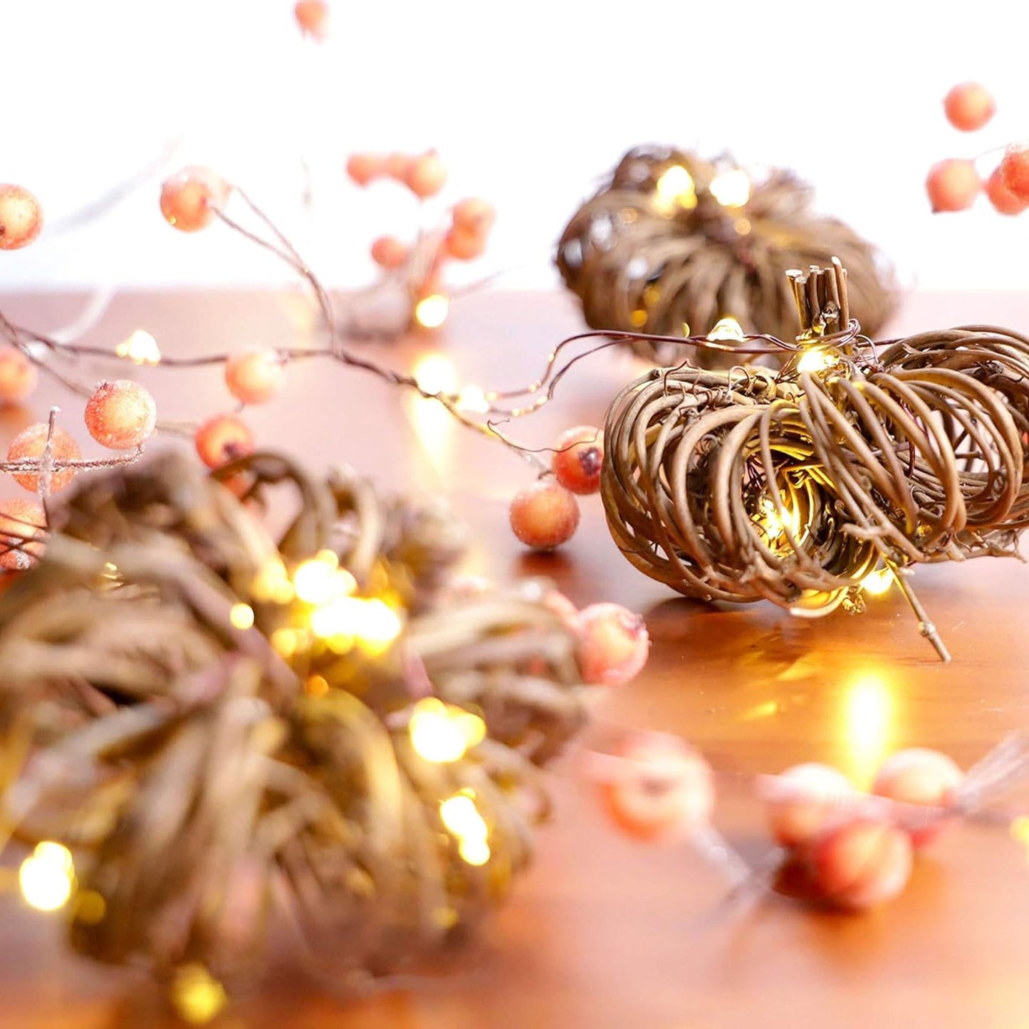 SUNSET HOME Rattan Pumpkin String Lights 10ft 30 LEDs Battery Operated Orange Fall Garland with Remote for Halloween Thanksgiving Decor