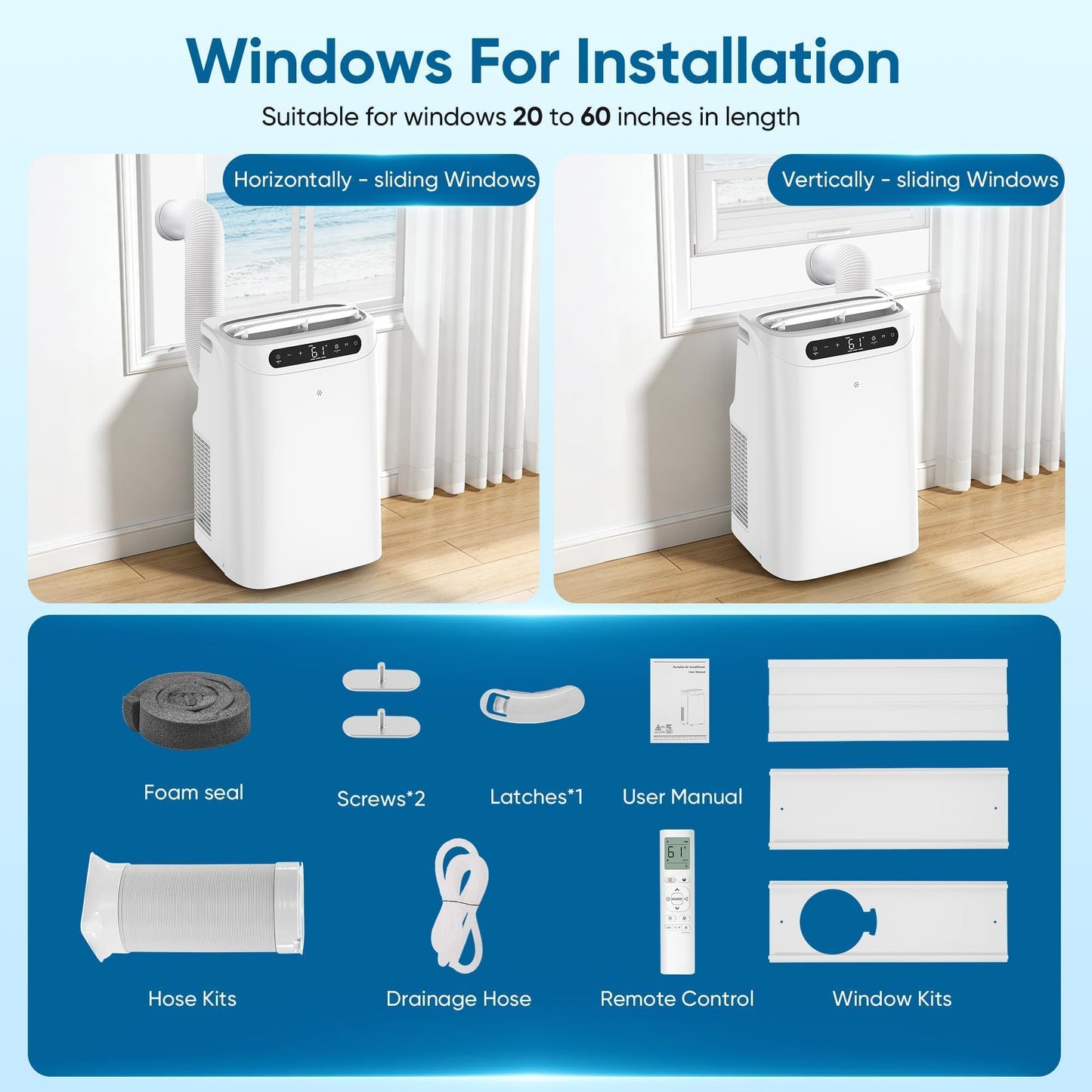 12000 BTU Portable Air Conditioners, Cools Up to 500 Sq.Ft, Portable AC Unit with Remote Control, Cooling, Fan, Dehumidification, Sleep Mode& Installation Kits for Rooms, White