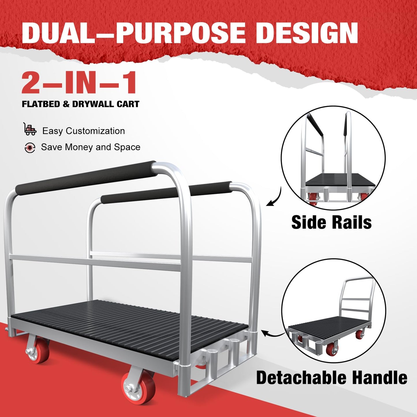 2IN1 Heavy Duty Panel Truck, 42" x 24" Platform Cart w/Rubber Mat & 3 Handrails, 2500 lbs Capacity Drywall & Lumber Cart, Flatbed Cart w/2 Swivel Casters, All-Steel Hand Truck Push Cart