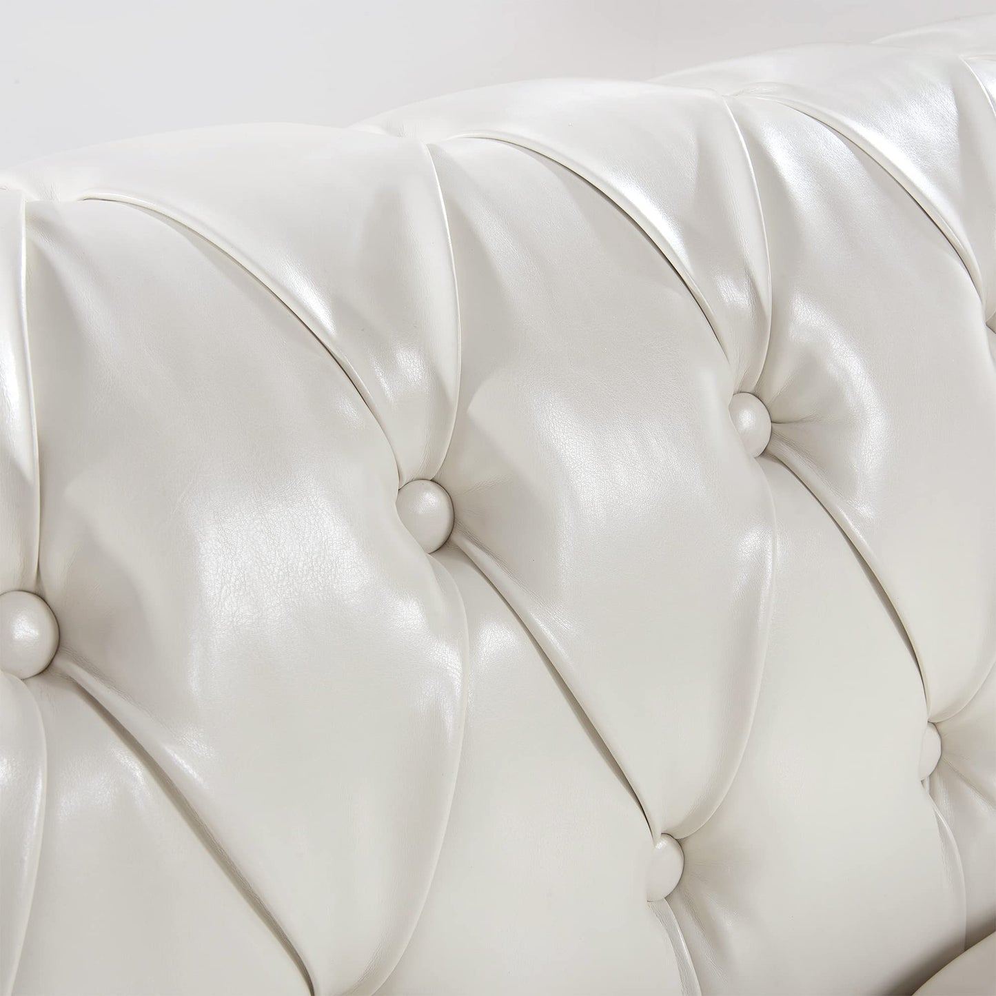 KEIKI 85" PU Leather 3-Seater Chesterfield Sofa with Cushions and Rolled Arm, Deep Pull Buckles Design Modern Style Comfy Couch with Birch Legs, Easy Assembly, for Living Room, White