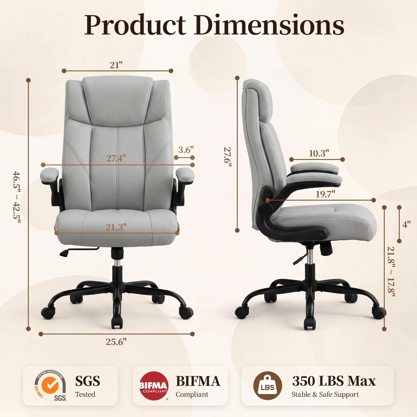 OwgeinSet Office Chair, Leather Ergonomic Computer Desk Chair with Rocking Function, High Back Executive Home Office Chair with Adjustable Flip-up Armrests, Lumbar Support, 360° Swivel, Elegant Grey