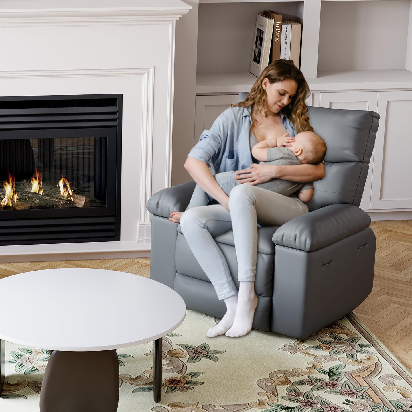 Power Recliner Chair,Rocking Recliner for Adults,Swivel Recliner with Massage,Upholstered Fabric Glider Recliner Nursery Chair,Single Sofa Seat with Side Pockets for Living Room,Grey