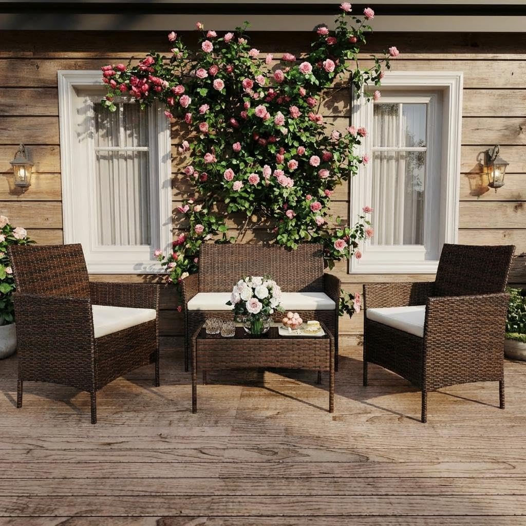 4PCS Outdoor Patio Bistro Set, PE Rattan Wicker Armchairs with Water-Resistant Cushions & Tempered Glass Coffee Table, All-Weather Conversation Set for Garden, Backyard, Porch, Poolside, Brown/Beige