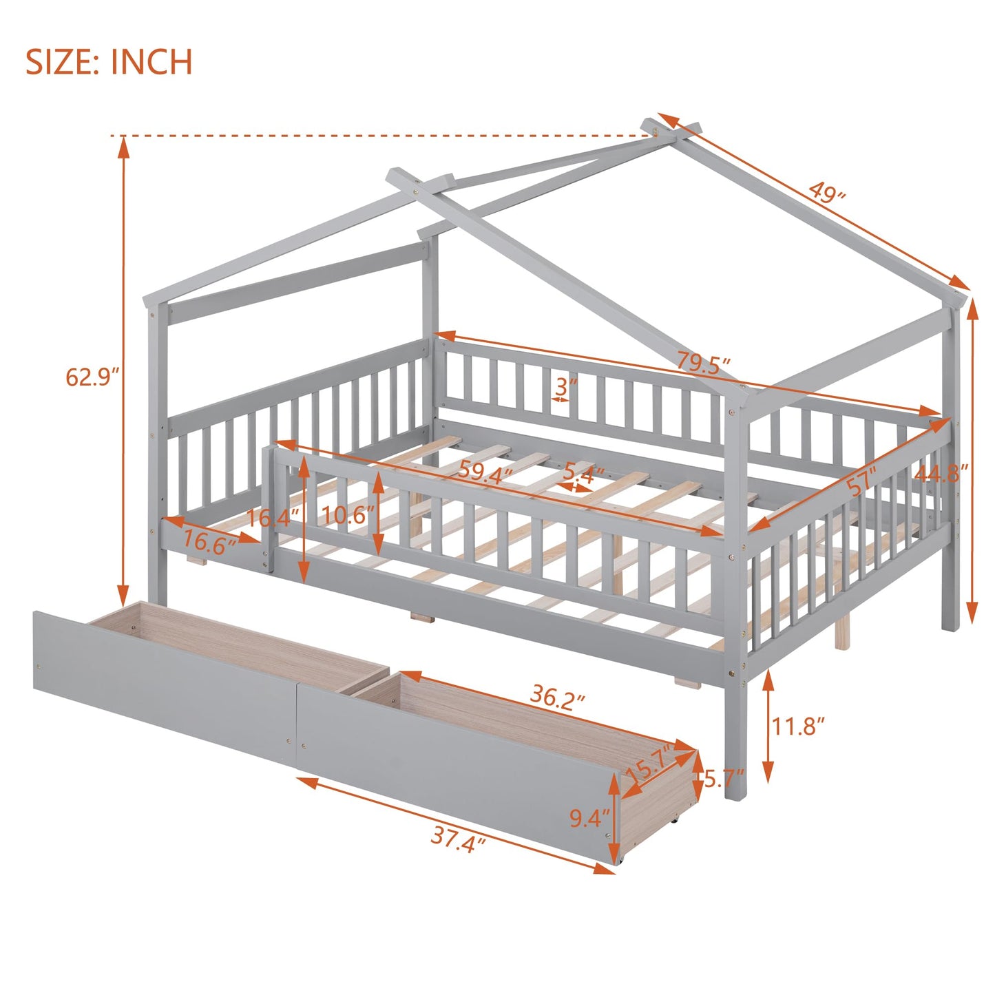 Merax Full Size Wooden House Bed with Two Drawers, Wood Bed Frame with Roof and Safety Guardrail for Kids, Teens, Boys or Girls, Gray