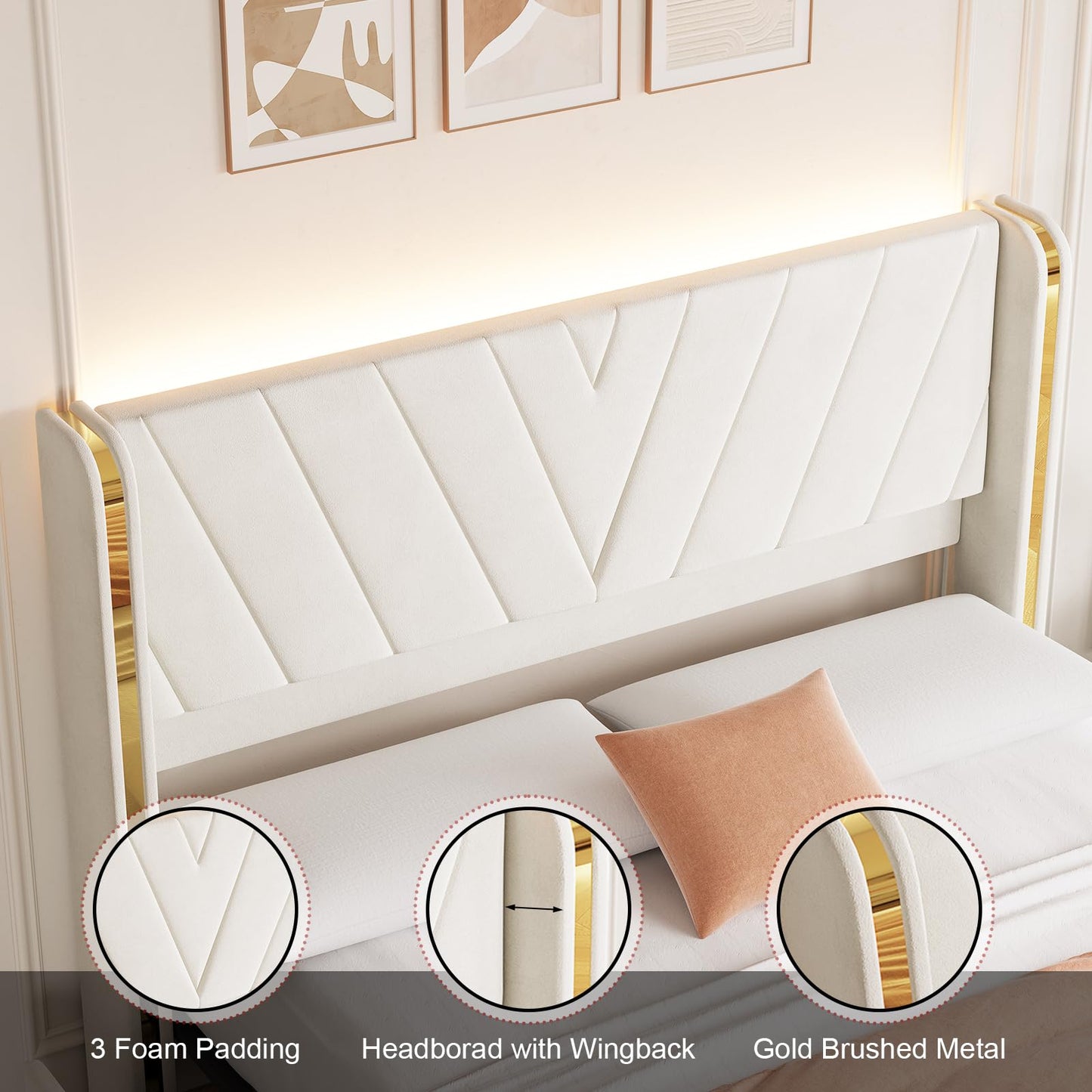 Full Upholstered LED Bed Frame with 4 Storage Drawers, Full Size Bed Frame with RGB LED Lights, Velvet Platform Bed Frame with Wingback Headboard, No Box Spring Needed, Noise Free, Easy Assembly