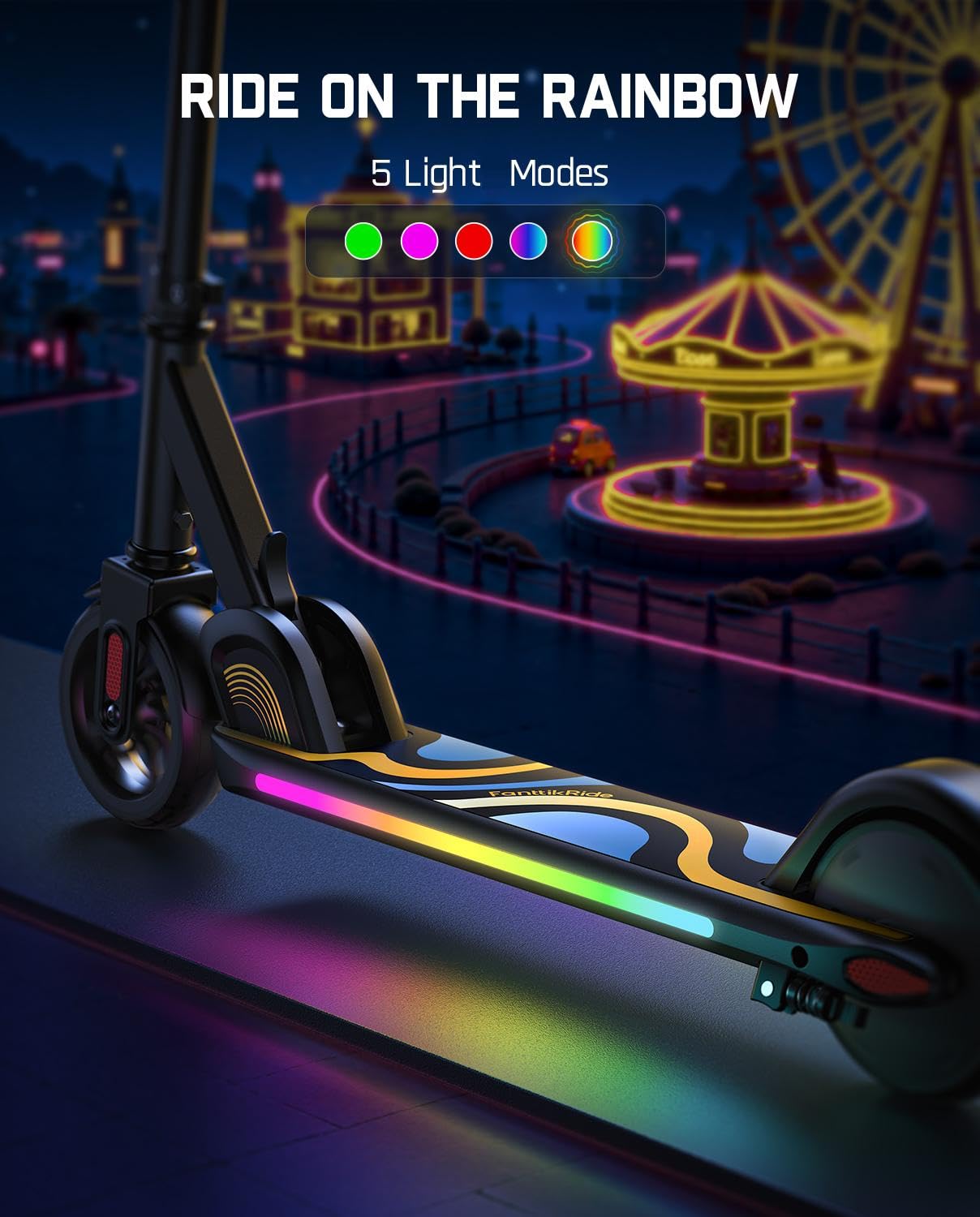 FanttikRide C9 Pro Kids Electric Scooter Ages 8-12, Colorful Rainbow Lights, E-Scooter for Kids 3.9-5.2 ft, 132 lbs, 5 Miles Range, Up to 40 min Ride Time, 5/8/10 MPH, 3 Adjustable Heights, Black