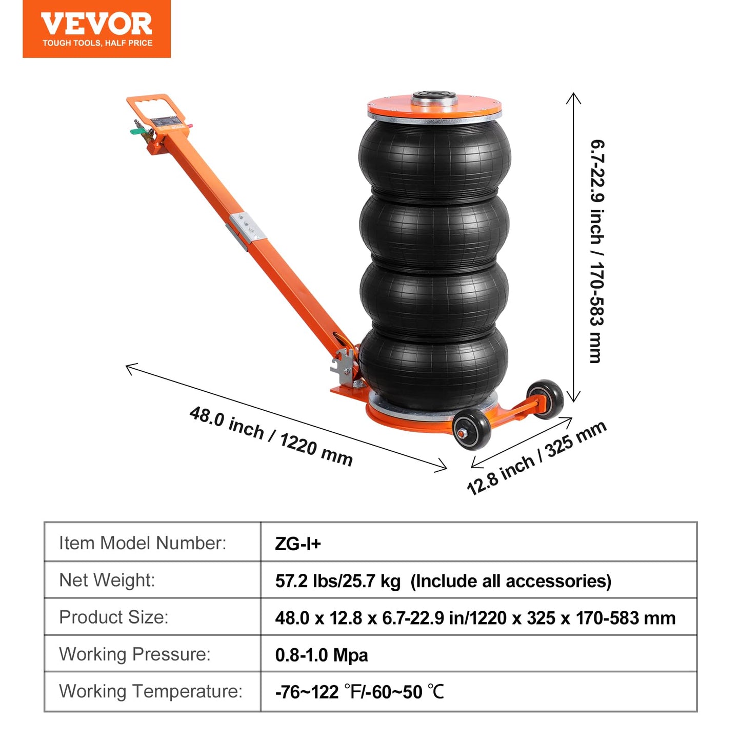 VEVOR Air Jack, 6 Ton/13000 lbs Quadruple Bag Air Jack, Lift up to 26.5", with Heightened Column & Adjustable Handle, Thick Rubber Pad, 2-5 S Fast Lifting Pneumatic Jack for Car, SUV, Pickup Truck