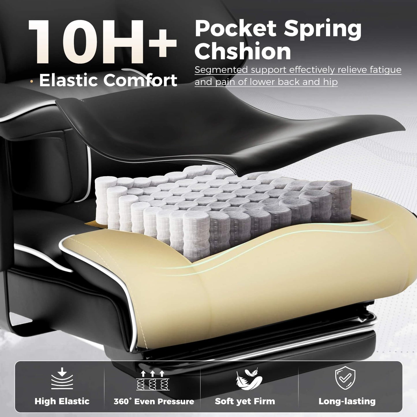 COMHOMA Big and Tall Office Chair 400lbs High Back Gaming Chair with Ergonomic Lumbar Support & Pocket Spring Cushion for Lower Back Pain Relief, Leather Executive Chair with Foot Rest, Iron Black