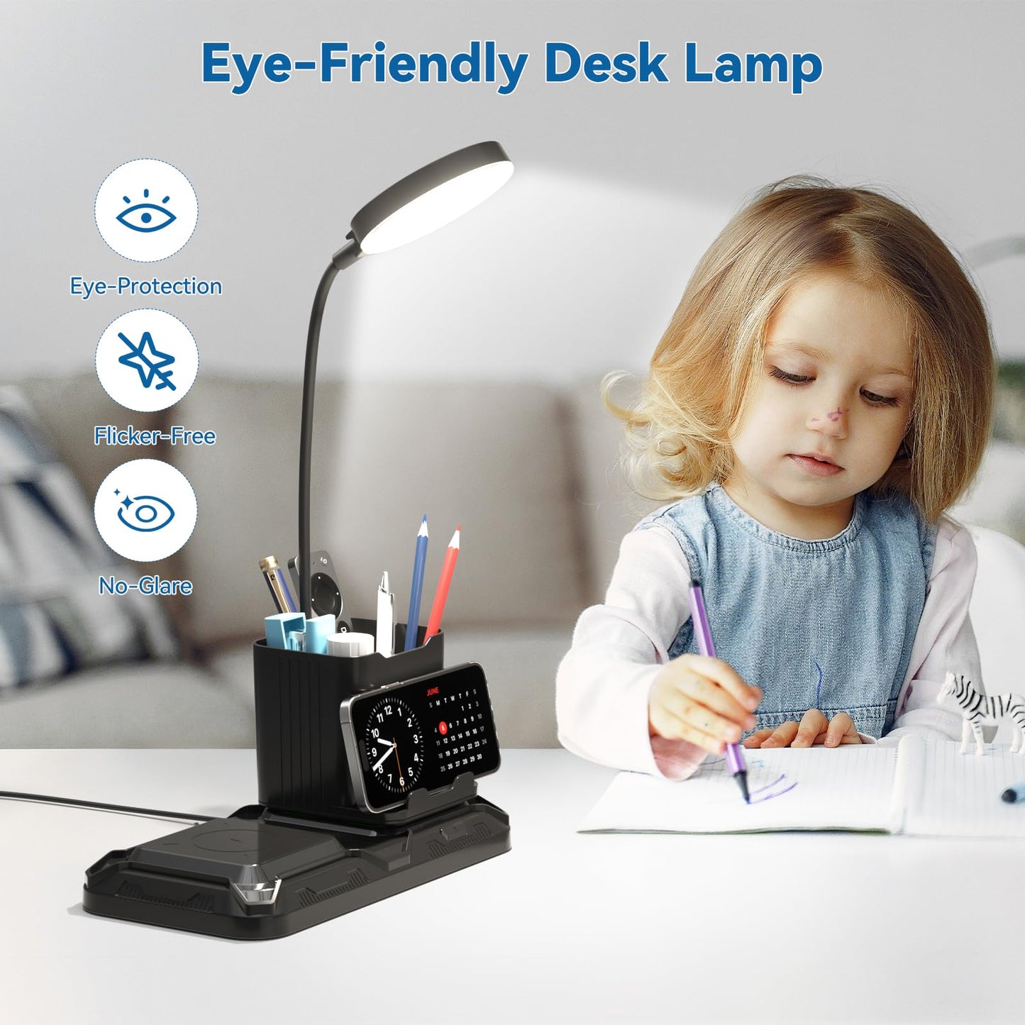 KDD 4 in 1 Desk Lamp with Wireless Charger, 360? Gooseneck, Adjustable White & Warm Light, Black