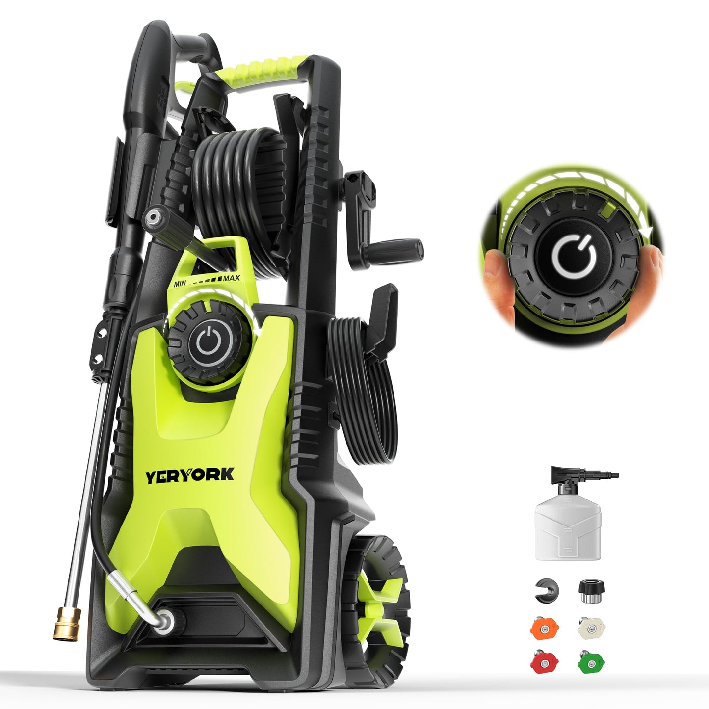 Yeryork Adjustable 5000 PSI Pressure Washer,2.5 Max GPM Power Washer with 33 FT Retractable Hose Reel, Stainless Steel Lance, 500ml Foam Cannon, 4-Nozzle Set, Washer for Cars, Fences, Patios