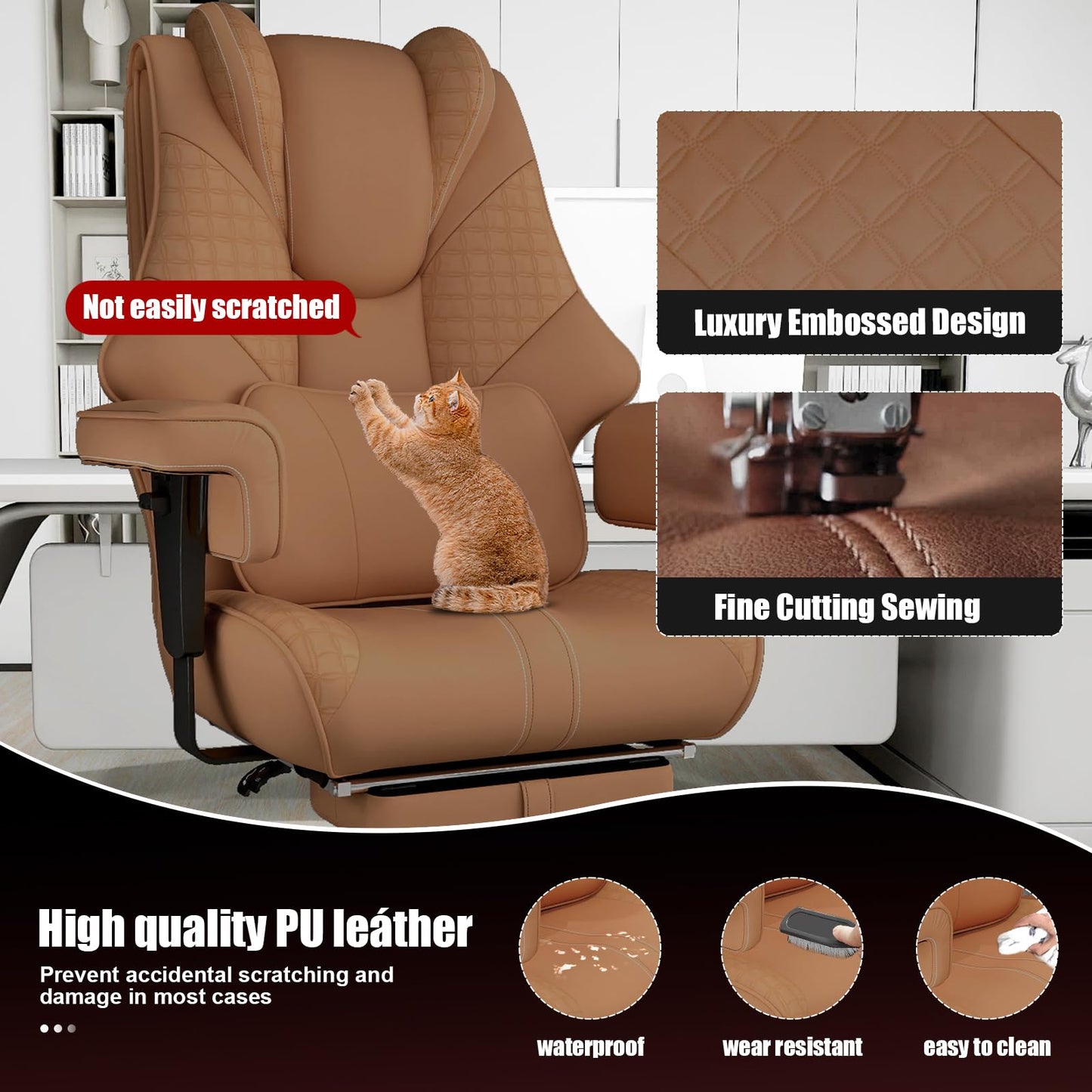 400lbs Big and Tall Office Chair, Wide Ergonomic Leather Executive Chair for Heavy People with Foot Rest, High-Back Reclining Computer Chair with Swivel Wheels and Lumbar Support (Brown)