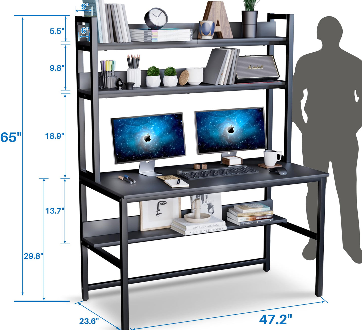 Aquzee Computer Desk with Hutch and Bookshelves, Large Leg Room 47 inch Width Black Desk with Space Saving Storage Shelves for Home Office,Study, Work, Easy Assemble