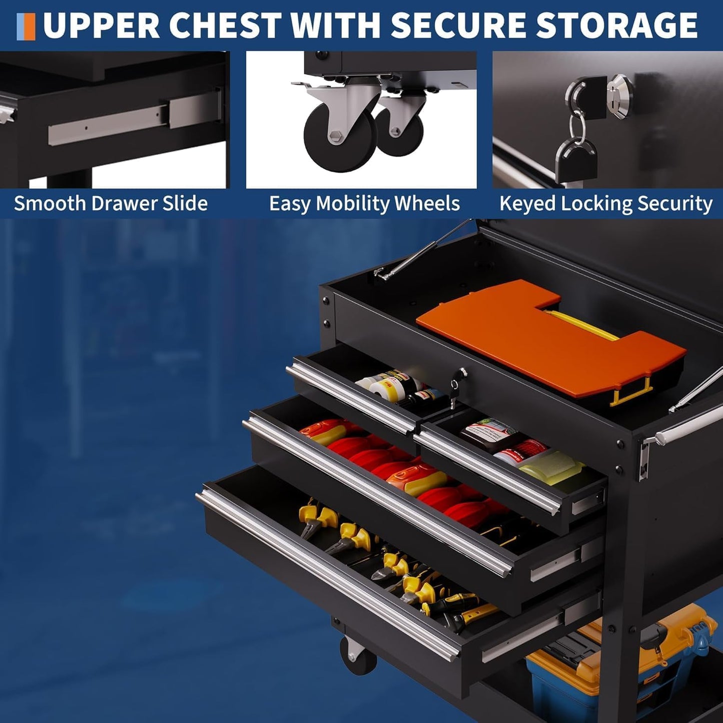 4-Drawer Rolling Tool Chest, Steel Tool Cart with Lock, Drawers, Wheels