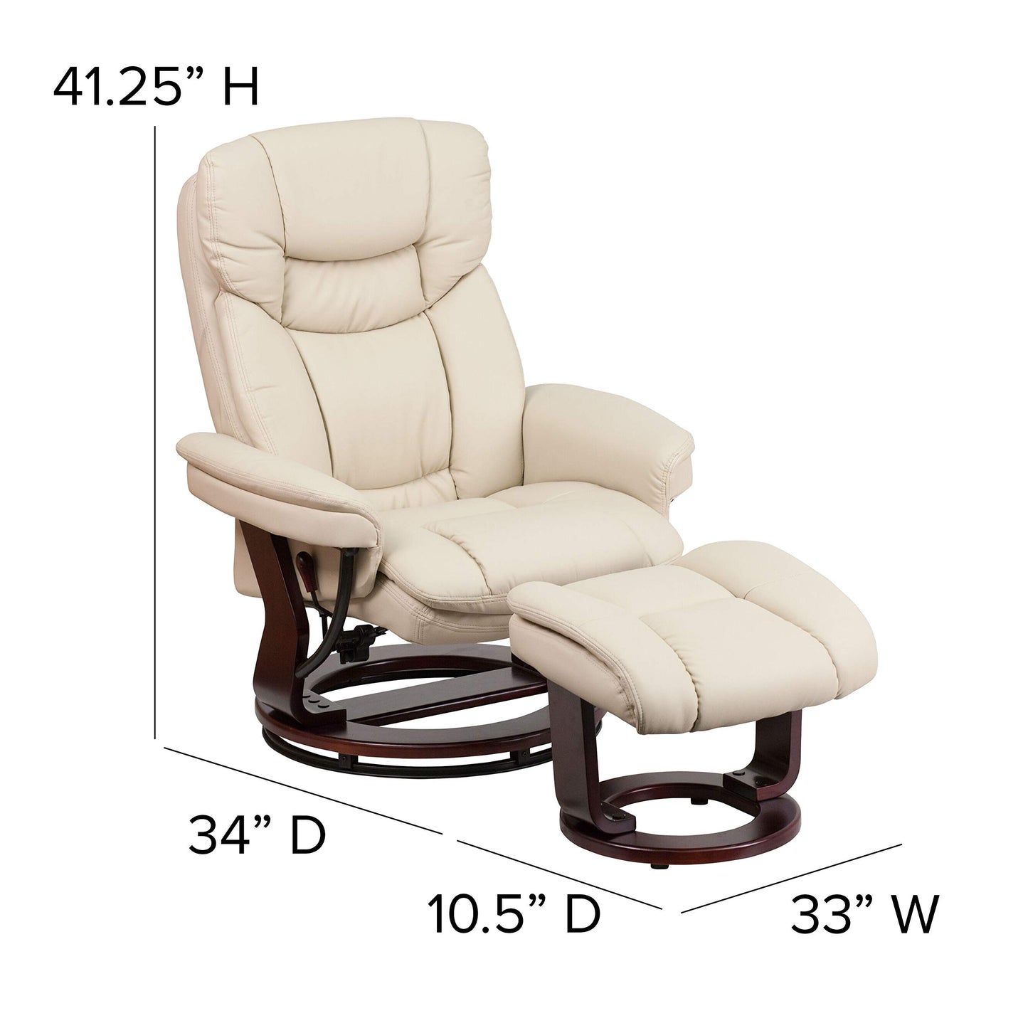 Flash Furniture Allie LeatherSoft Upholstered Recliner with Ottoman Footrest, Padded Swiveling Recliner Chair and Ottoman Set, Beige
