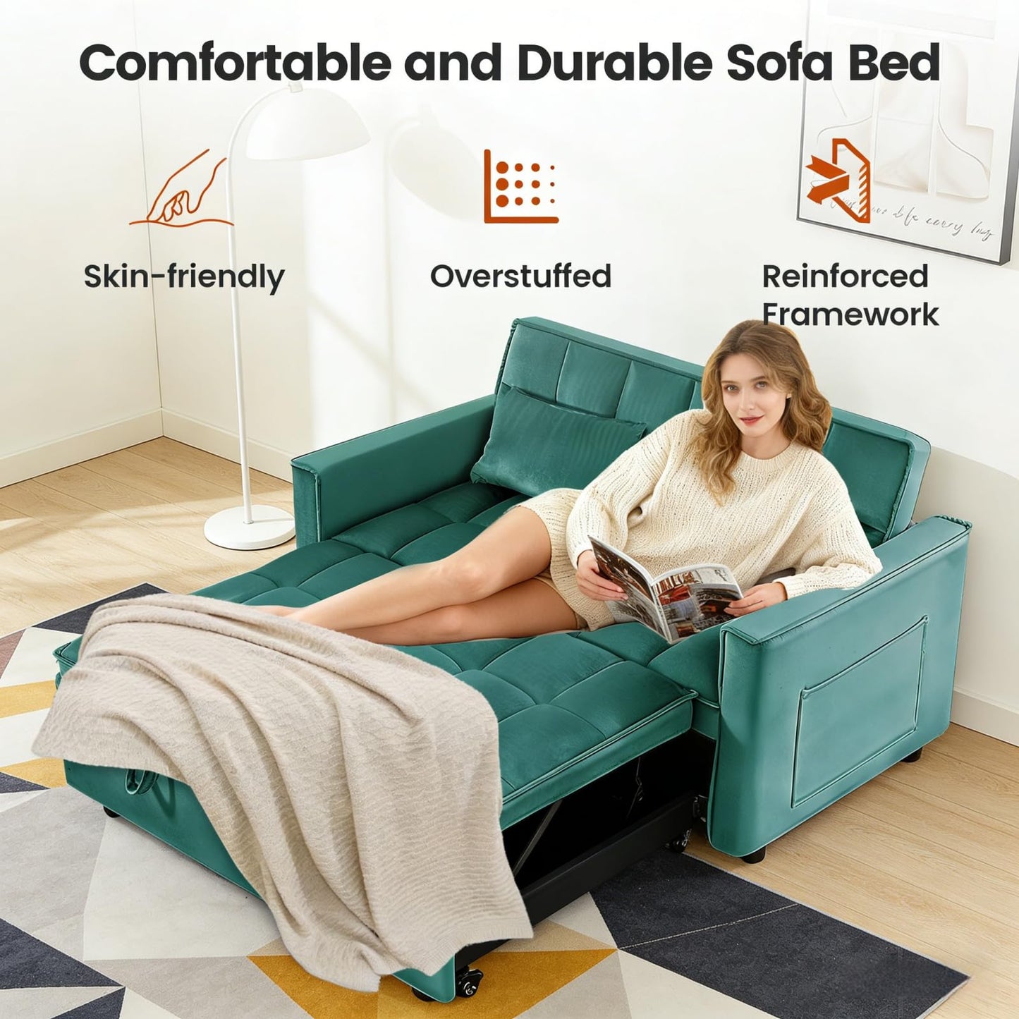NicBex 3 in 1 Convertible Sofa Bed, Pull Out Couch Bed with Adjustable Backrest, Velvet Fabric Sleeper Sofa with Side Pocket, Loveseat Sleeper Sofa for Small Space, Living Room, Bedroom, Green