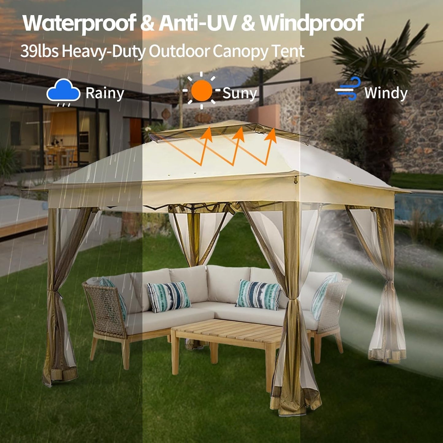 Solaroxy 10' x 10' Pop Up Gazebo Tent, Outdoor Screen Canopy Shelter, Instant Patio Sun Shade Gazebo Tent with 2 Tiers Roof & Mesh Netting for Garden, Lawn, Backyard, Party, Beige