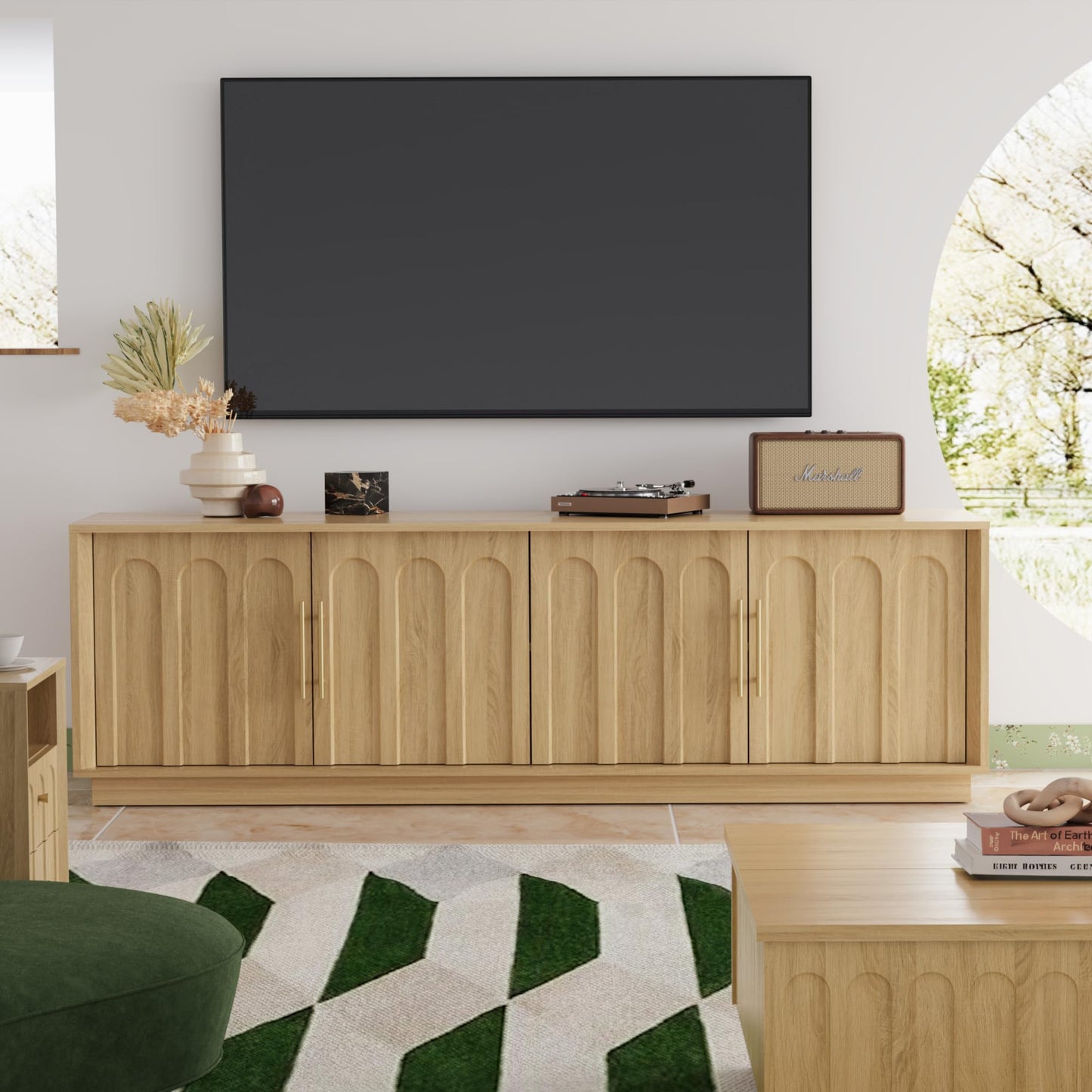 FORTUNETEC TV Stand for 75 Inch TV, Mid Century Modern TV Stand with Arched Design, Wood Grain Finish, Boho Media Console with Adjustable Shelves, 67" Entertainment Center for Living Room Bedroom, Oak