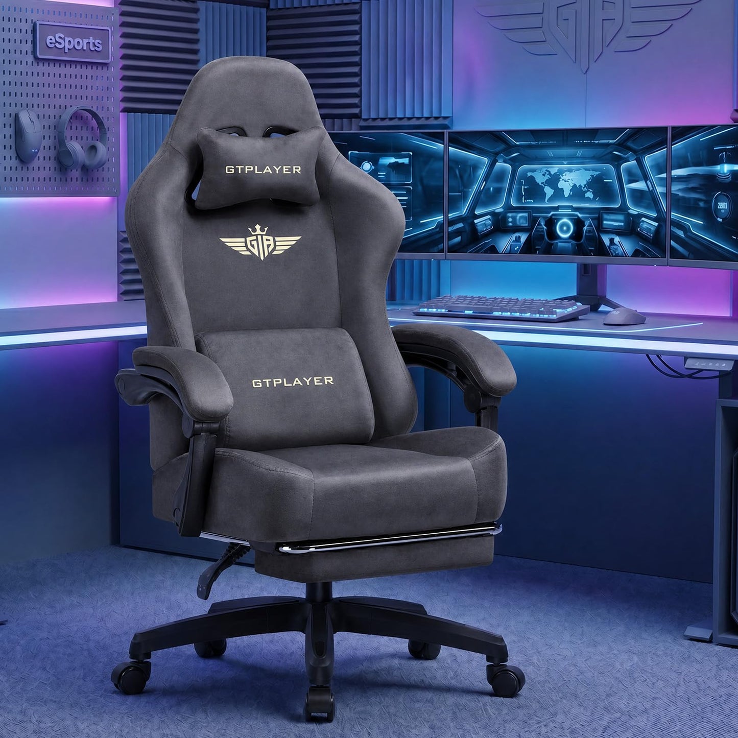 GTPLAYER Big and Tall Gaming Chair 400lbs Heavy Duty Office Chair with Foot Rest, High Back Pocket Spring Ergonomic Computer Chair for Adults, Wide Comfy Seated Cushion with Linkage Armrests, Grey