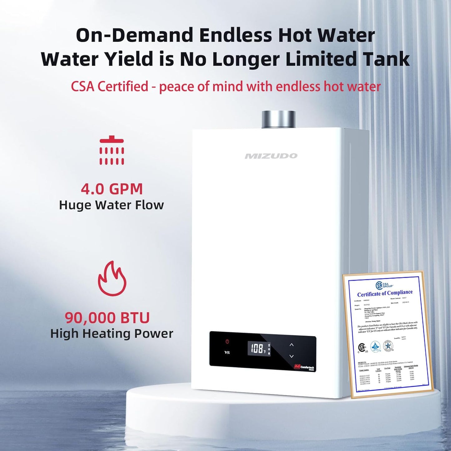 MIZUDO Tankless Water Heater Propane Indoor, Max 4.0 GPM 90,000 BTU CSA Certified Constant Temp High Power On Demand Hot Water Heater, for Whole House or Apartment, Gen 2