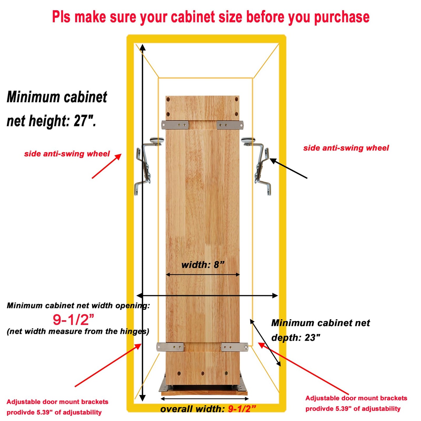 DINDON Pull Out Spice Rack Cabinet Organizer, (8" W x 21.9" D x 25.2" H) Multi-Use Soild Wood Pull Out Cabinet Organizer Slide Out Shelf Sliding Base Cabinet Storage Organization