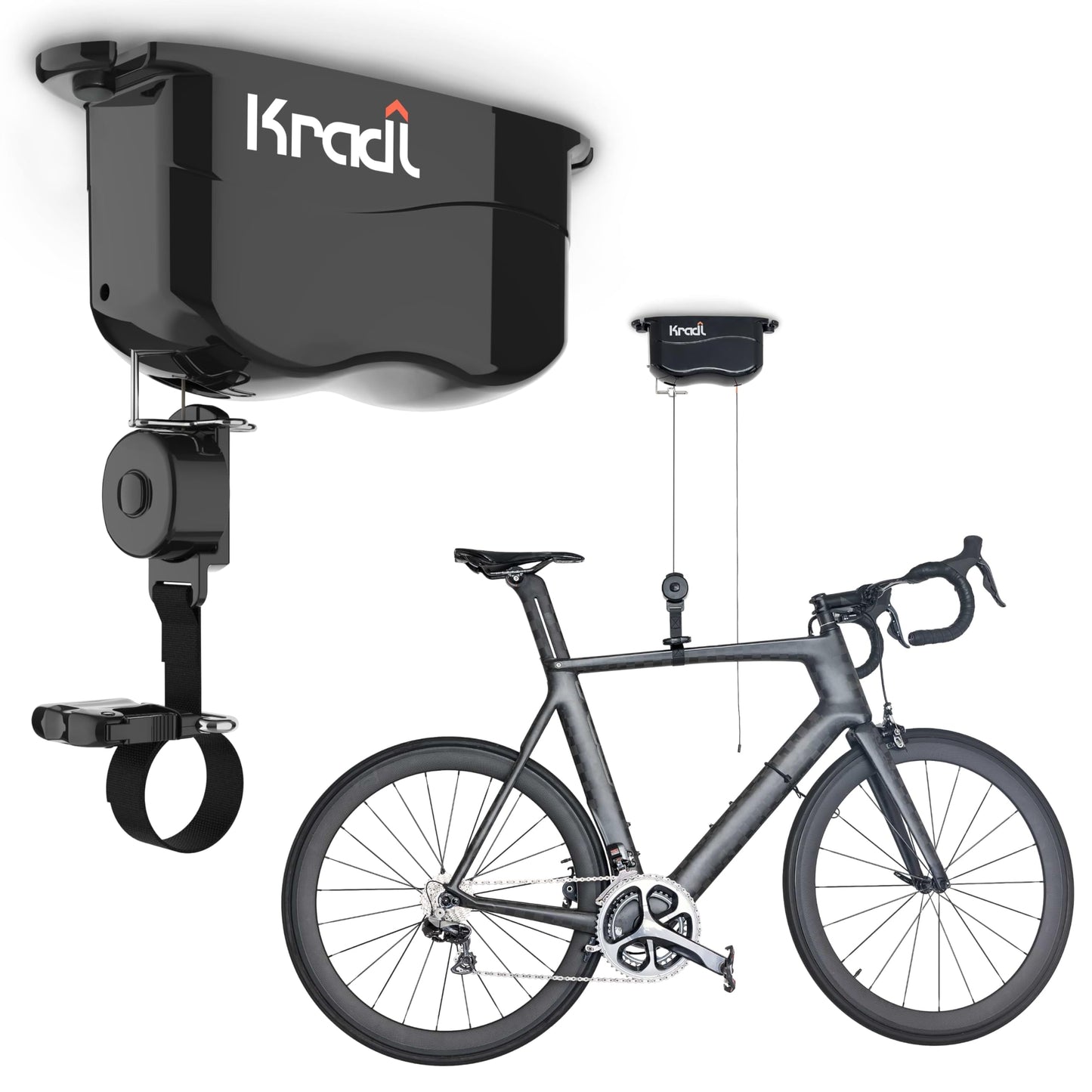 Kradl - Ceiling Mount Bike Lift and Rack. Bicycle Storage Hoist Without Electricity, Clumsy Ropes or Pulleys. 25 Pound Capacity.