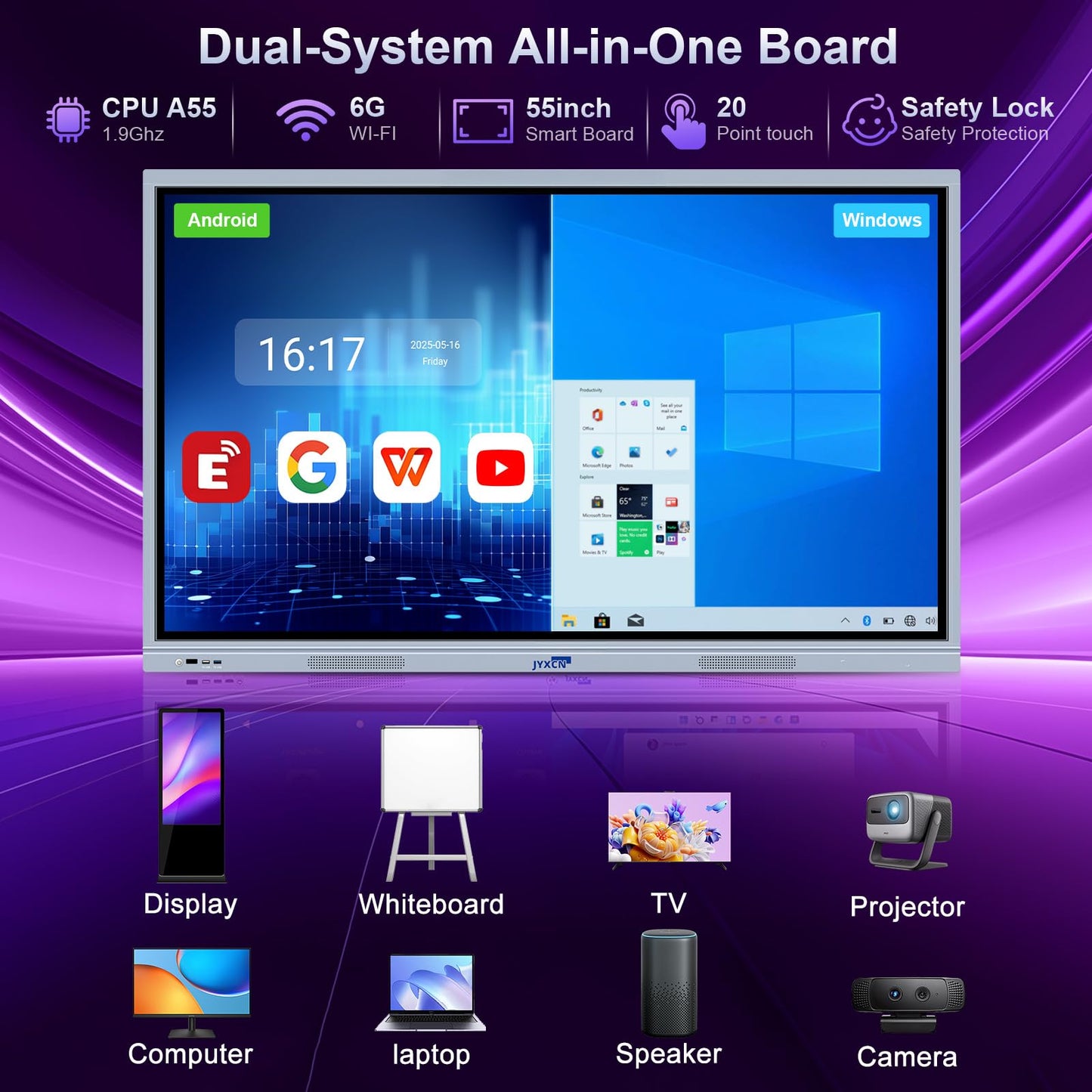 JYXCN 55" 4K Dual-OS Smart Board – Android 11 & Windows 10 Pro | 20-Point Touch for Offices, Classrooms, Church | Wireless Sharing, Wall Mount Included