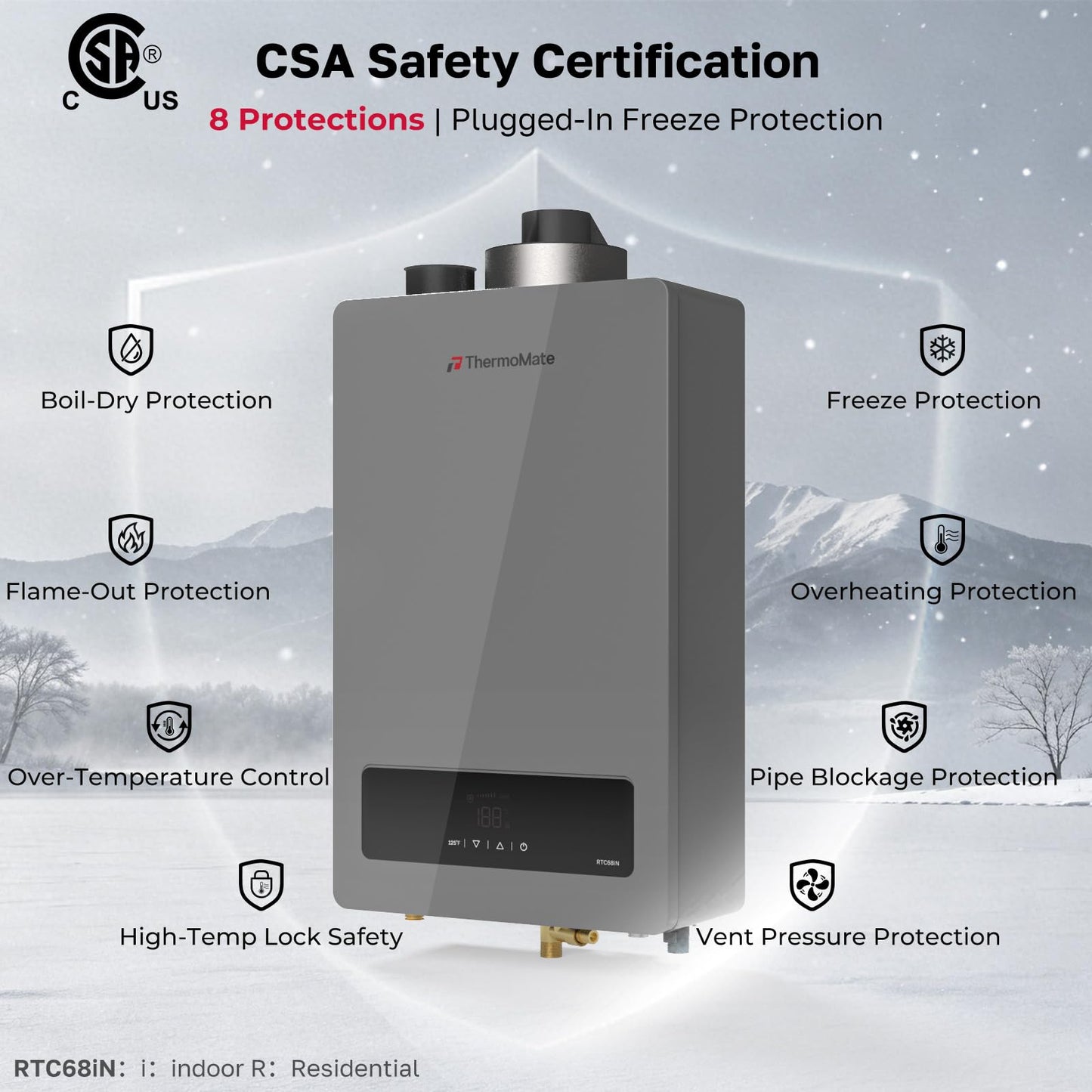 ThermoMate RTC68iN Condensing Tankless Water Heater, 0.91 UEF High Efficiency On-Demand Hot Water for Whole House Use, Up to 9.38 GPM 163,000 BTU, Energy Saving Instant Heating, Natural Gas