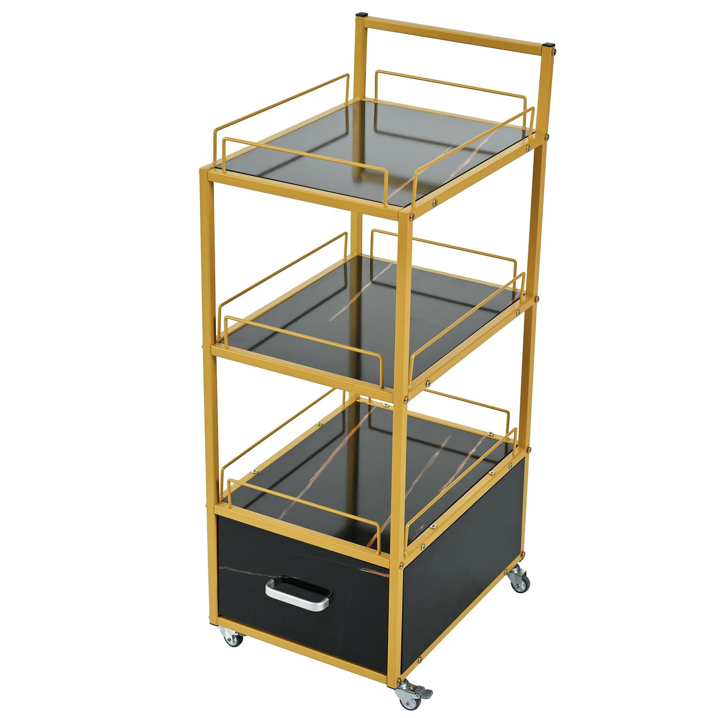 Beauty Salon Cart with Lockable Wheels 3-Tier Rolling Makeup Cart Organizer Esthetician Cart with Drawer Marbled Board for Nail Skincare and Barber Supplies Black and Gold