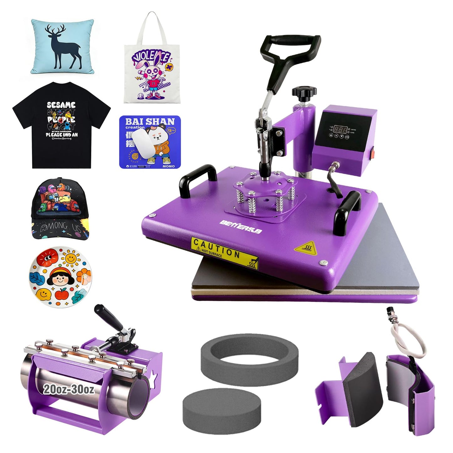 BetterSub 5 in 1 Heat Press Machine 12x15 inch, Industrial-Quality Sublimation Press with 30oz Tumbler Attachment & Curved Hat Plate, 360° Swivel Design for T-Shirts, Vinyl, DTF Film - Purple