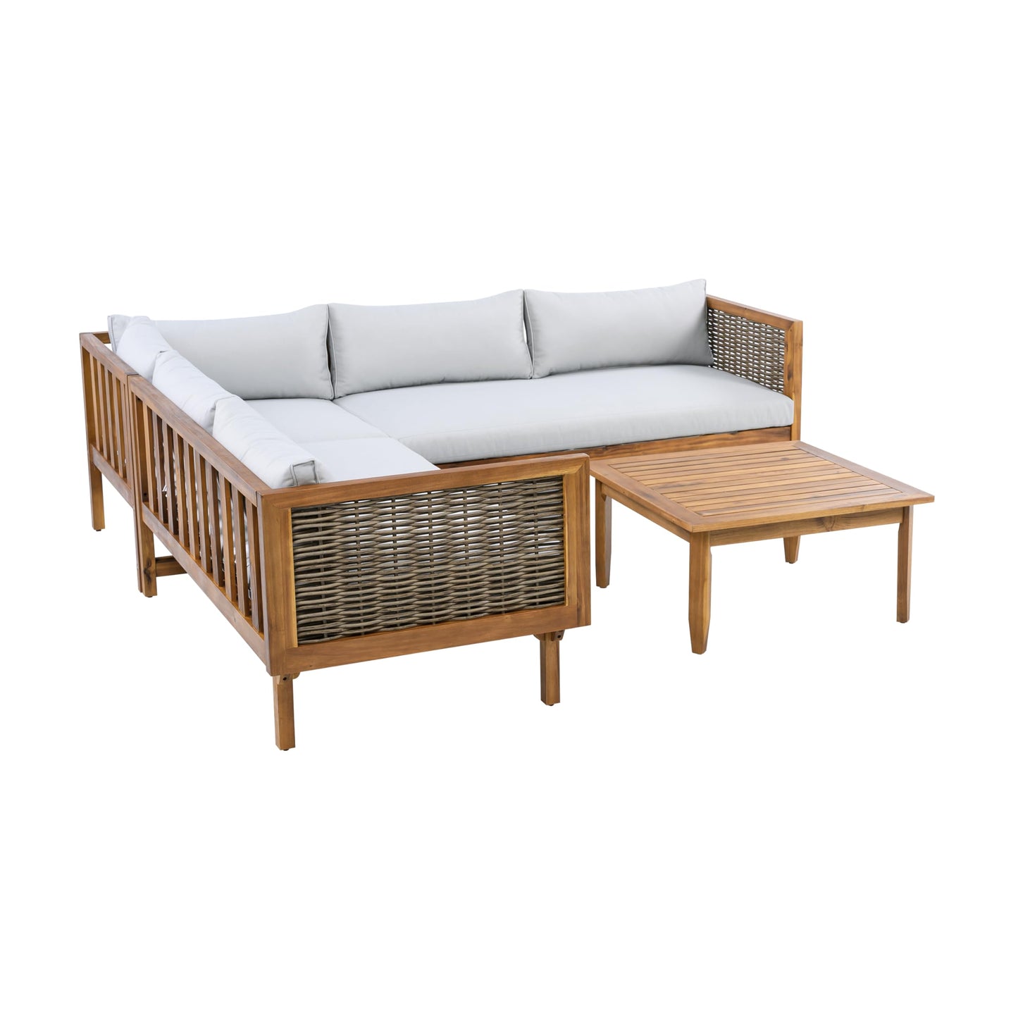 Christopher Knight Home Tenntt 5-Seater Acacia Wood Patio Furniture Set, Outdoor Conversation Sofa Chat Set with Coffee Table, Wicker Arm, Sectional Seating Group for Backyard Balcony, Teak+Light Gray