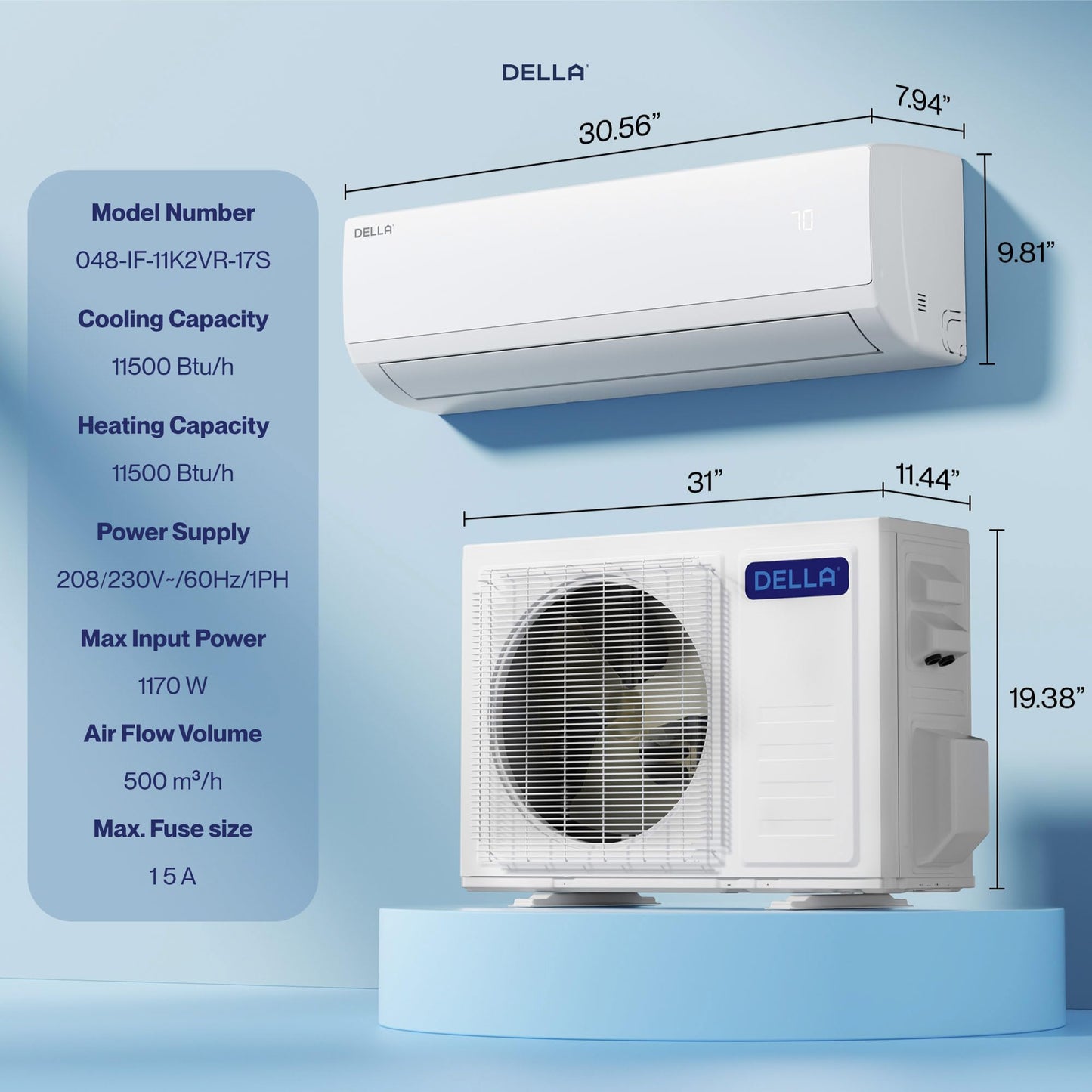 DELLA Econo Series 11500 BTU 115V Mini Split Air Conditioner with Heat Pump, Works with Alexa and Wifi, 17 SEER2 Cools up to 550 Sq. Ft, Ductless Inverter System, 16.4ft Installation Kit Included