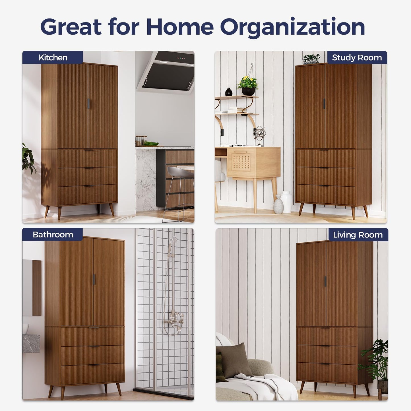 Trygoal Tall Storage Cabinet, Kitchen Pantry Cabinet with Adjustable Shelves & Fluted Panel Design, Wood Cupboard with 3 Drawers 2 Doors, Tall Home Cupboard for Living Room, Kitchen, Walnut