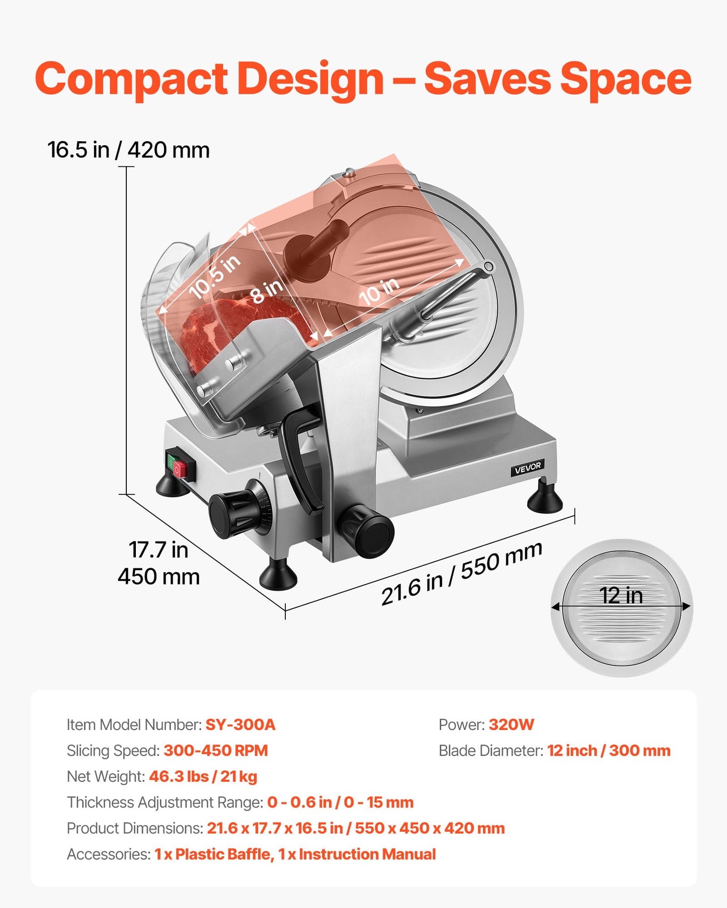 VEVOR Commercial Meat Slicer, 320W Electric Deli Food Slicer with 12" Carbon Steel Blade, Built-In Sharpener & 0-0.6" Adjustable Thickness for Frozen Meat, Ham, Baguett, Steak, UL Approved