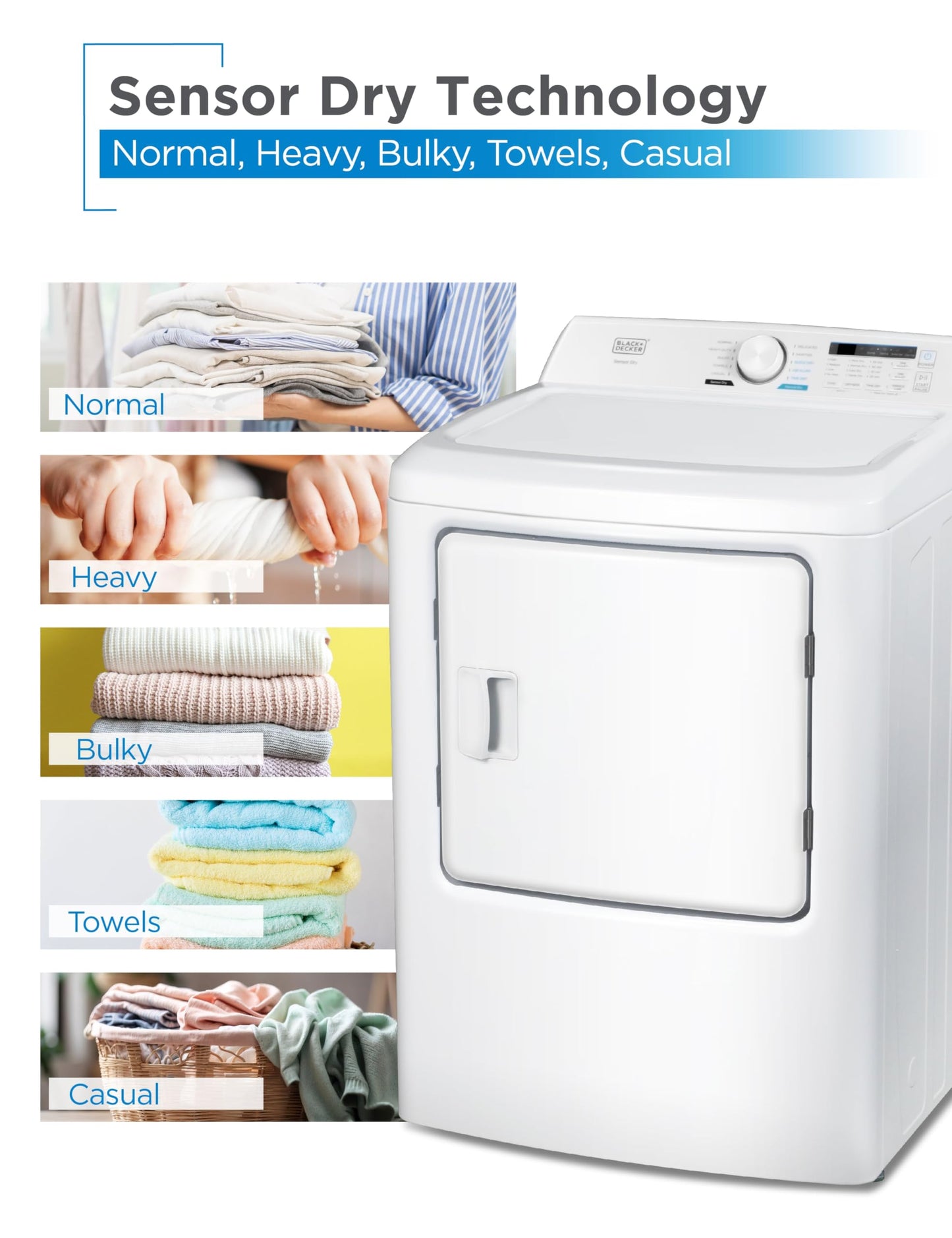 BLACK+DECKER 7.0 Cu. Ft. Front Load Dryer, Electric Clothes Dryer with LED Display and Dial Control, 5 Sensor and Manual Dry Selections, 240V, Requires Professional Installation, BLD67ME, White