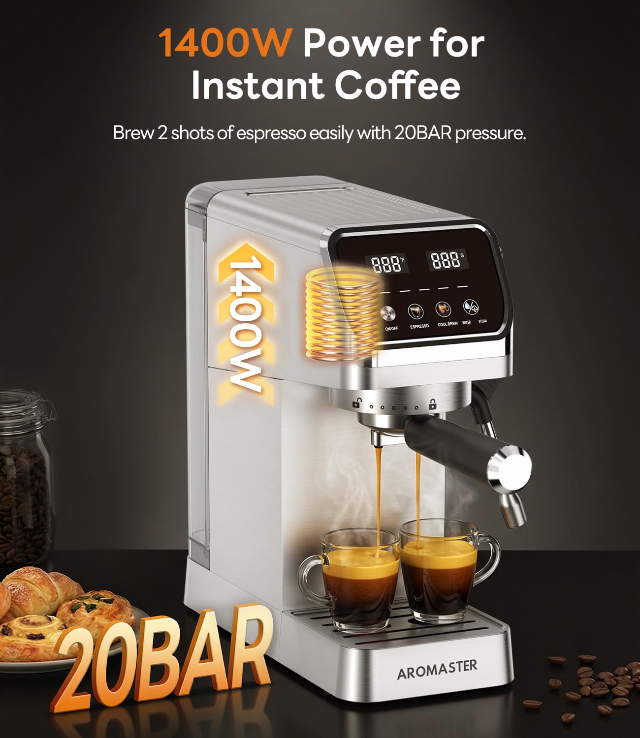 Aromaster Espresso Machine 20 Bar with Milk Frother, Easy to Use Compact Espresso Maker with Touchscreen, Fast Heat 1400W for Latte & Cappuccino, Stainless Steel Coffee Machine for Home & Office