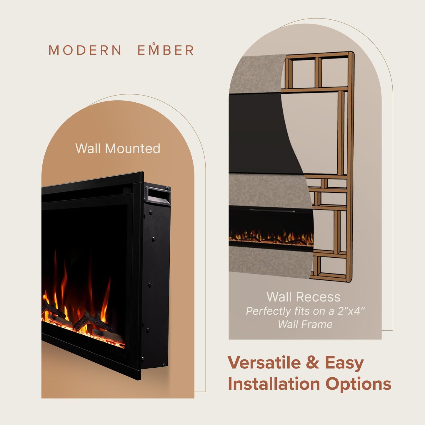 Modern Ember Aerus Slim 60 Inch Smart Linear Electric Fireplace | Recessed in-Wall or Wall-Mount | LED Multiple Flame Colors | Alexa/WiFi Enabled | 4.25” Profile | Remote Included