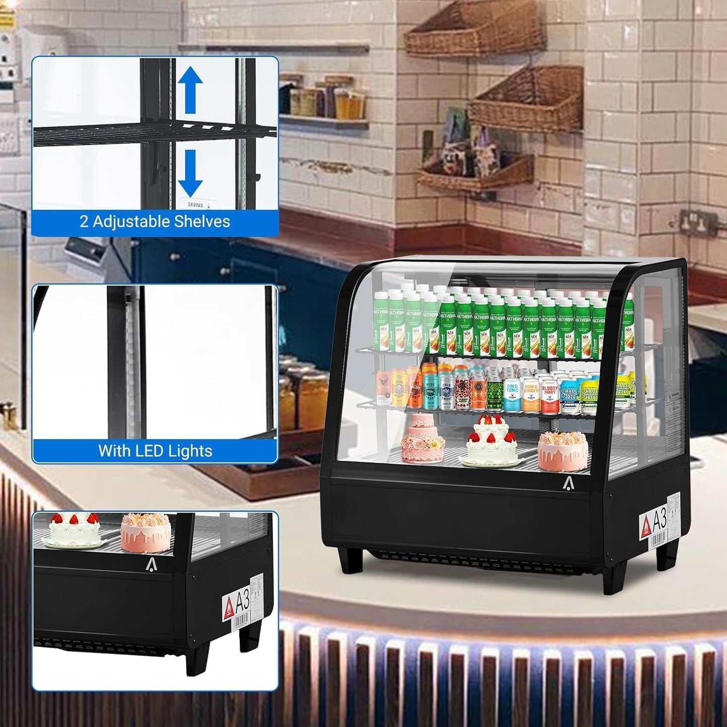 ActiveTrail 3.5 Cu.FtCommercial Display Refrigerator, Glass Door Merchandiser Cooler with Adjustable Shelves, LED Lighting, Sliding Rear Door, Temperature Control for Bakery, Cafe, Restaurant, Store