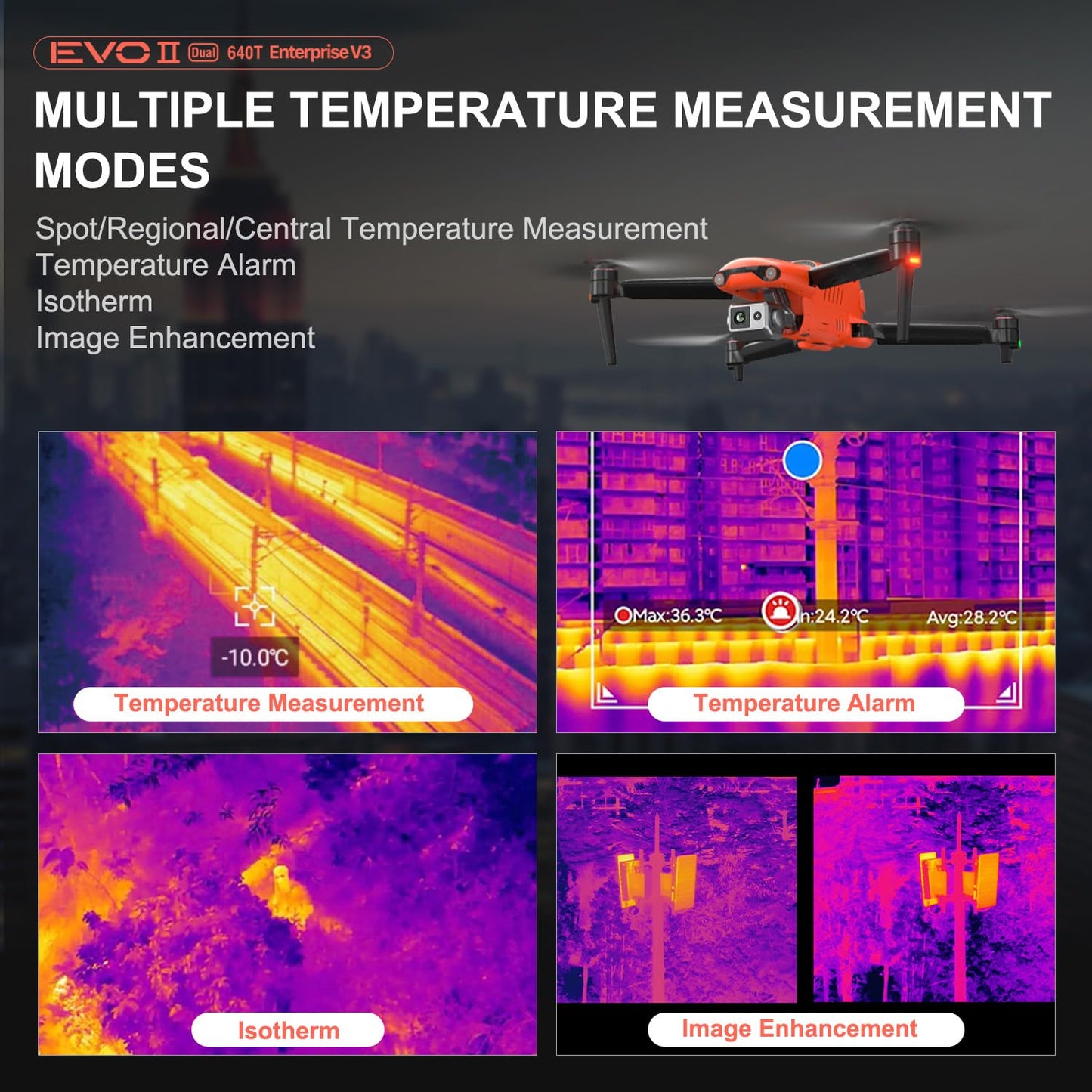 Autel Robotics EVO II Dual 640T Enterprise V3, Support Remote ID, 640 * 512@30 fps T~hermal Imaging, 0.8" RYYB CMOS 8K Sensor, DRI Ranges, 1-16x Zoom, 42 Mins,15KM Transmission