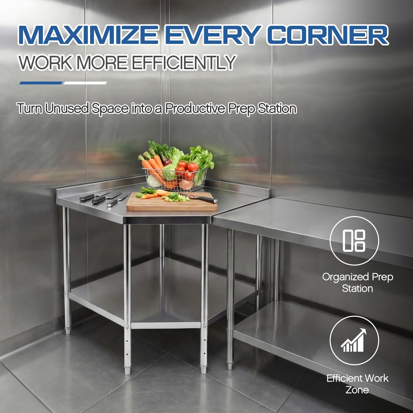BreezeHug 36" x 36" Stainless Steel Corner Work Table Food Prep Tables for Commercial Kitchen Metal Heavy Duty Cooking Chef Workbench with Backsplash and Adjustable Shelf for Restaurant or Home