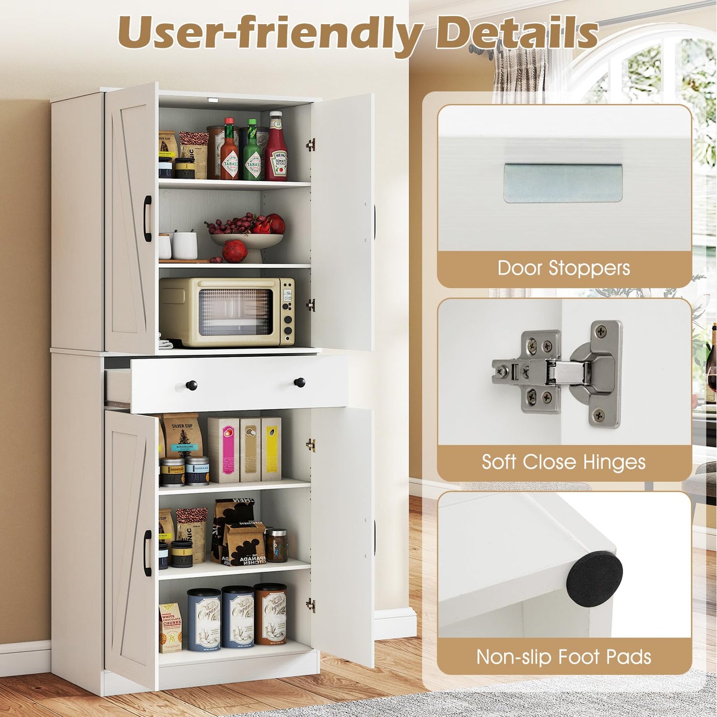 Giantex 72" Tall Kitchen Pantry Cabinet, Modern Farmhouse Pantry Storage Cabinet with 4 Barn Doors, Adjustable Shelves & Drawer, Buffet Cupboard with Living Room, Dining Room, Bathroom, White