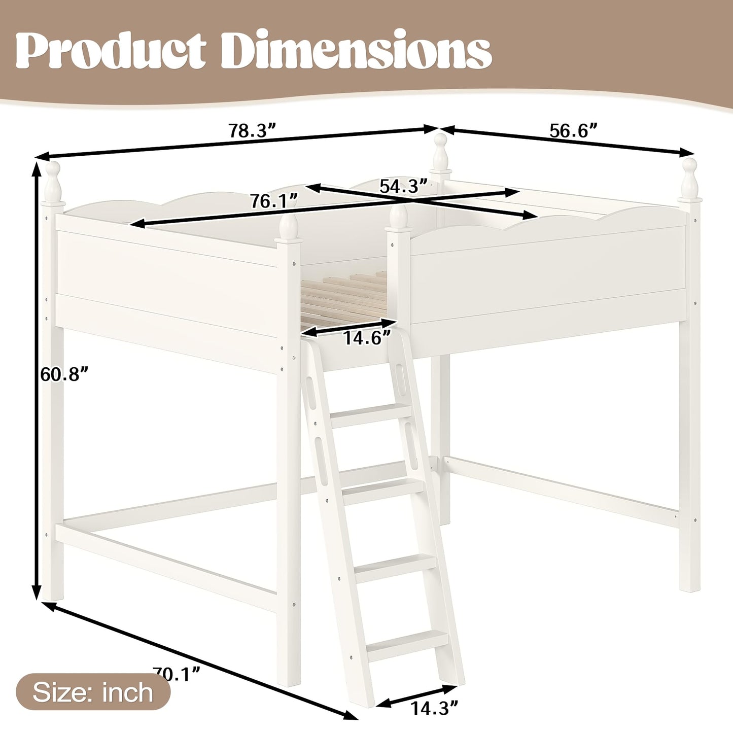KEIKI Full Size Wood Loft Bed Frame with Built-in Ladder & Ample Under-Bed Space, Modern Loft Bed with Full-Length Guardrails & Solid Slats, No Box Spring Required, Easy Assembly, for Bedroom, Beige