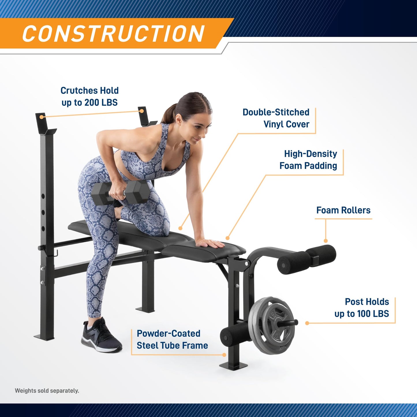 Marcy Standard Weight Bench with Leg Developer - Adjustable 5-Position Back Pad (Flat, Incline, Decline) - Home Gym Strength Training Equipment- MWB-6501